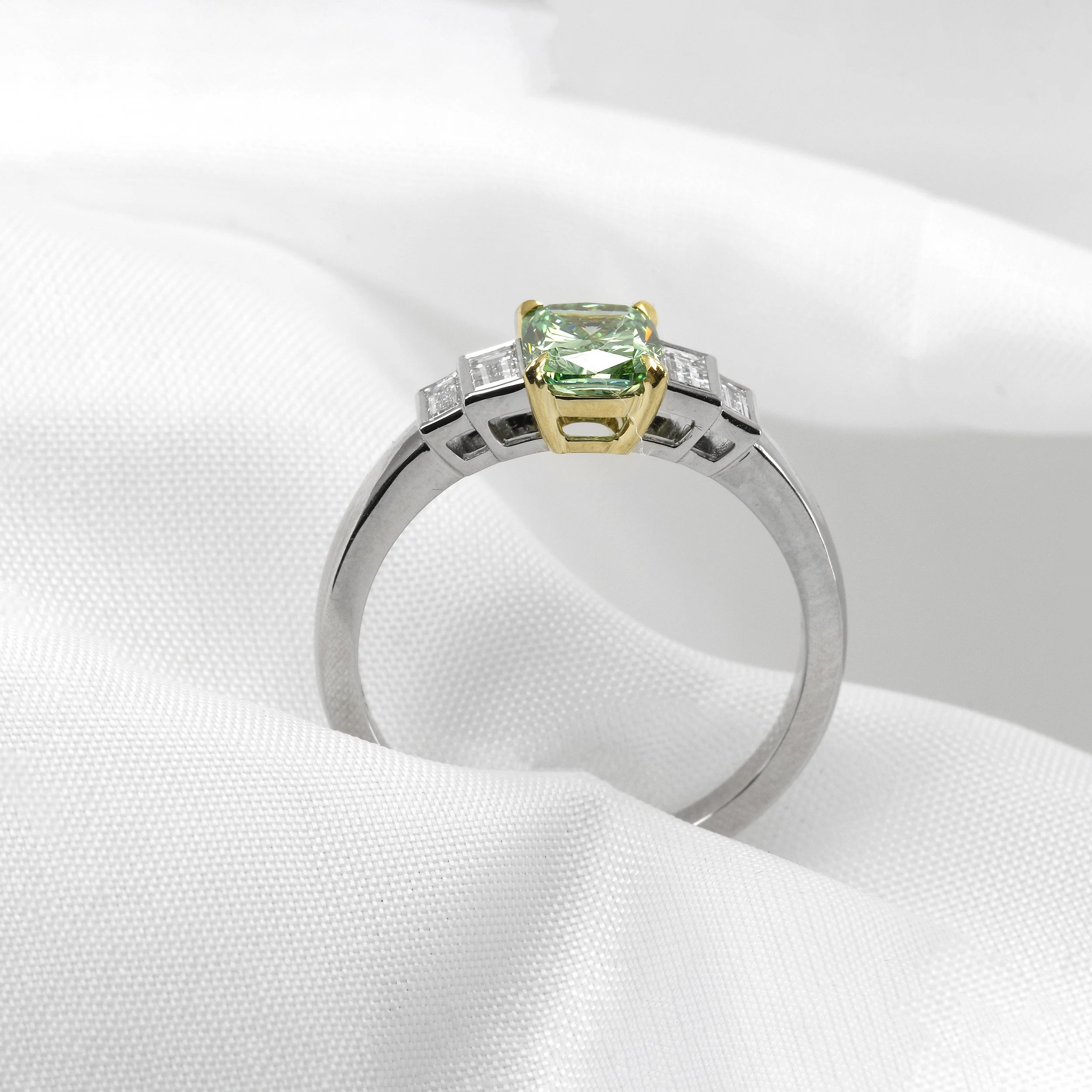 Lab Created Green Oval Diamond and Baguette Five Stone Ring