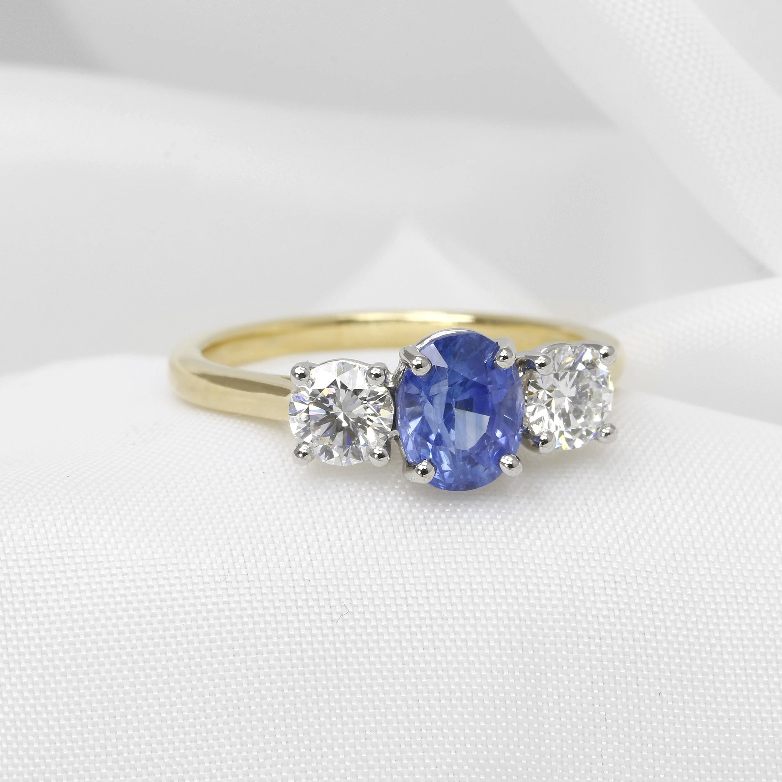 Sapphire and Diamond Three Stone Ring in 18ct Yellow Gold and Platinum