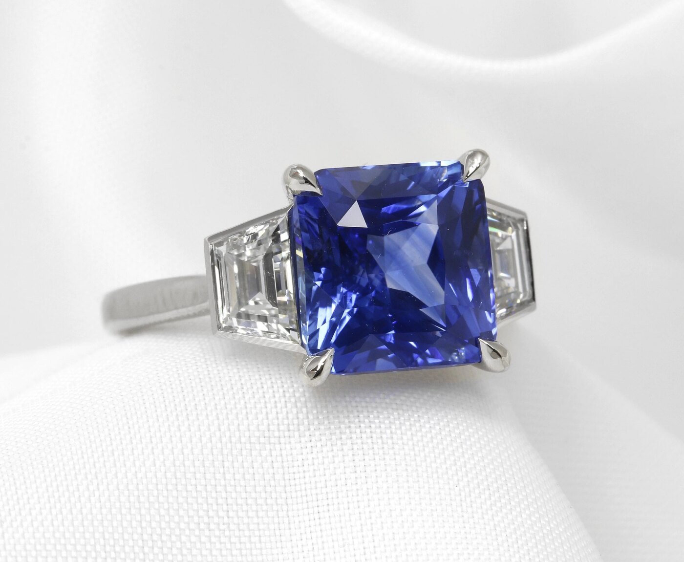 Timothy Roe Cushion Sapphire and Trapeze Diamond Three Stone Ring