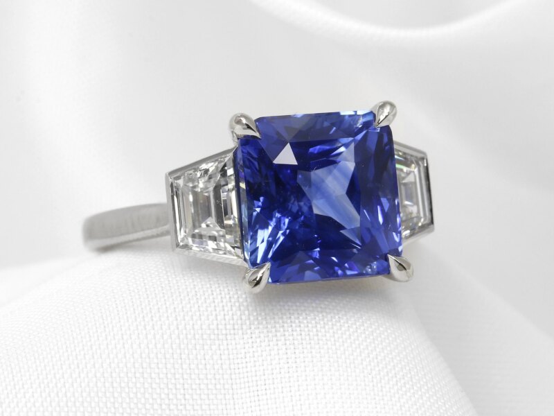 Cushion Sapphire and Trapeze Diamond Three Stone Ring