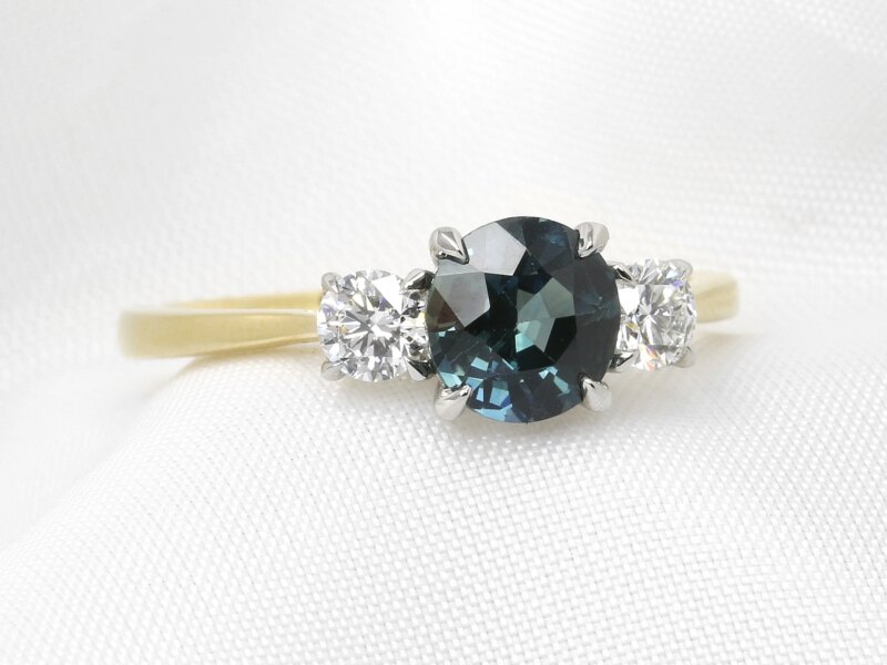 Teal Sapphire and Diamond Three Stone Ring in Platinum and 18ct Yellow Gold