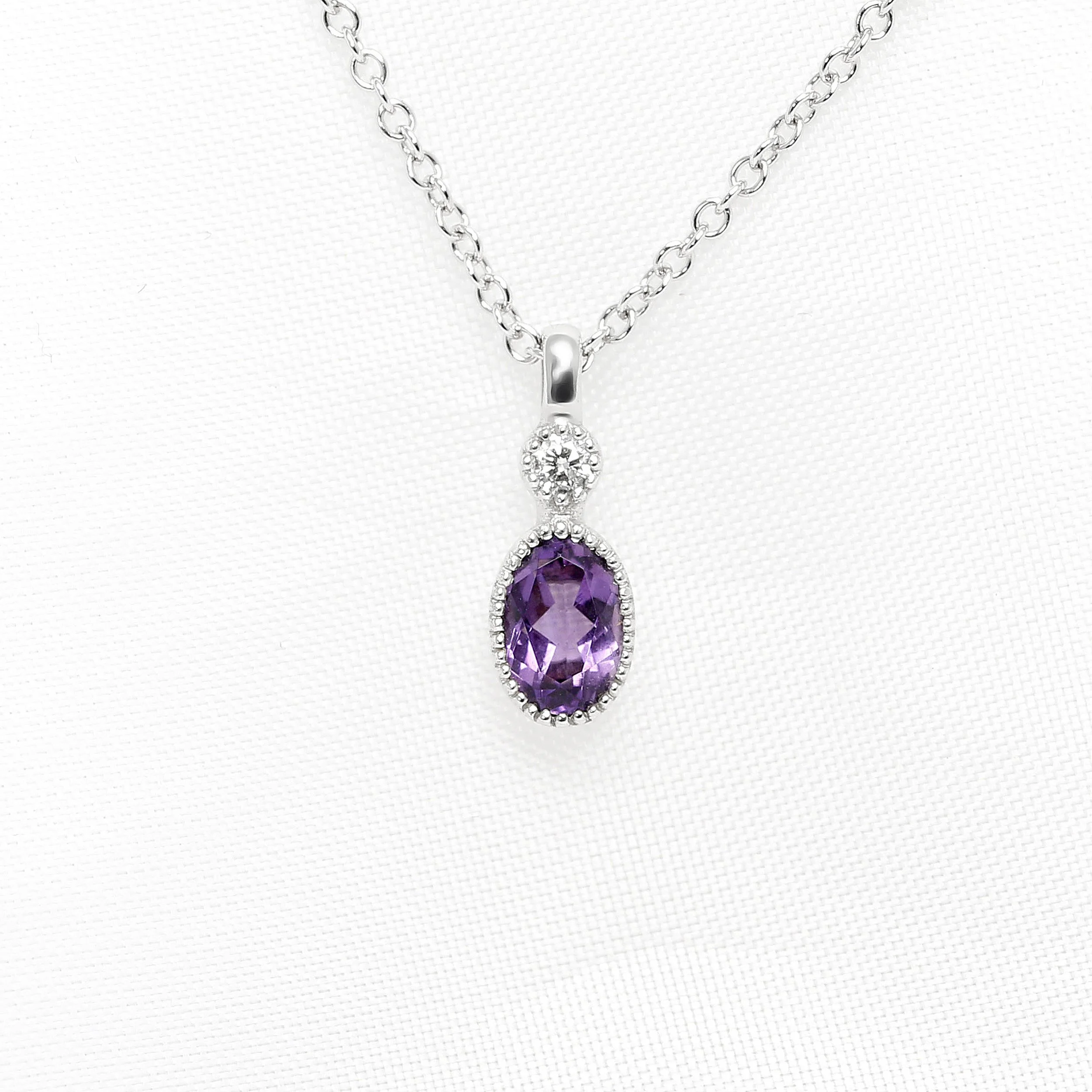 Amethyst & Diamond Pendant in 9ct White Gold