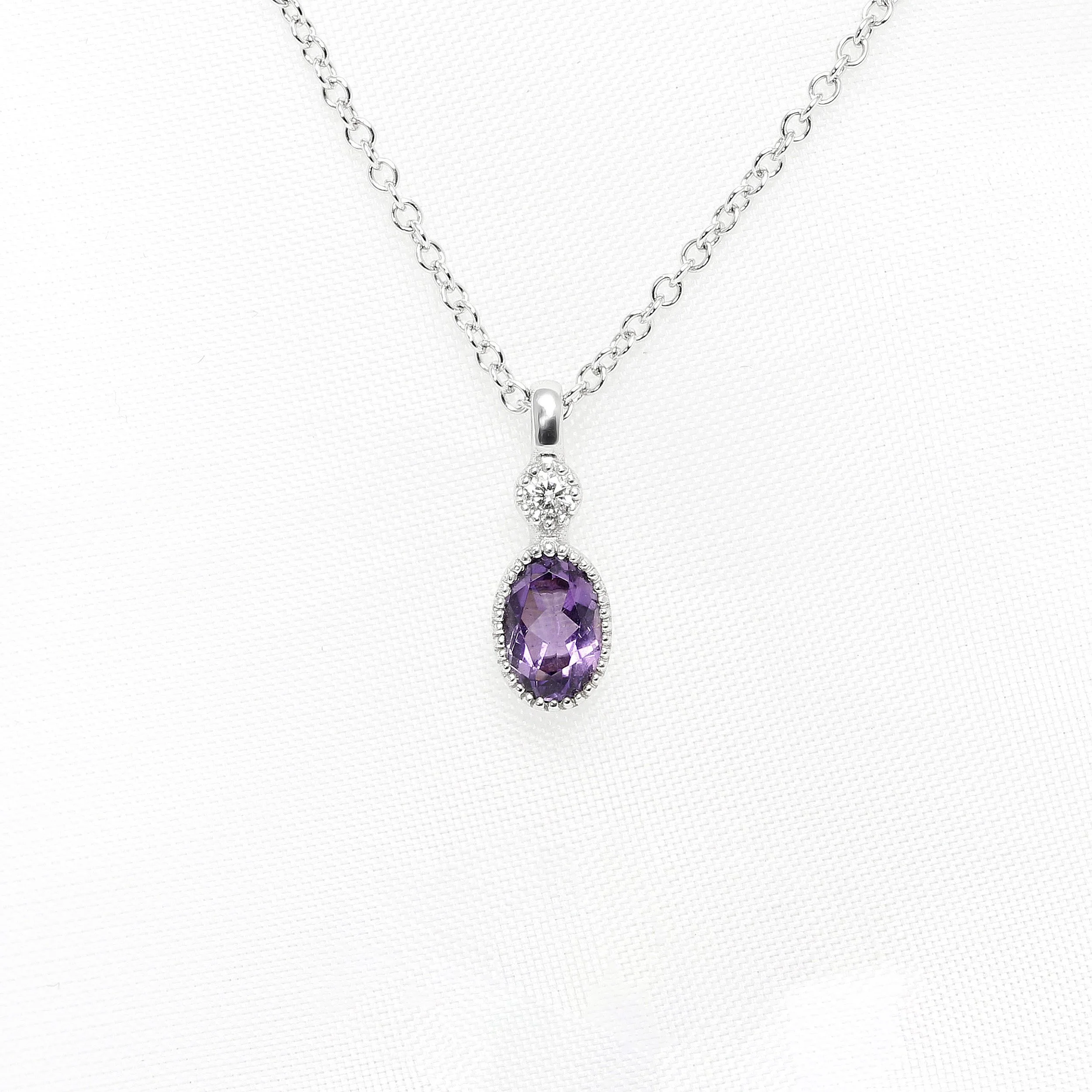 Amethyst & Diamond Pendant in 9ct White Gold