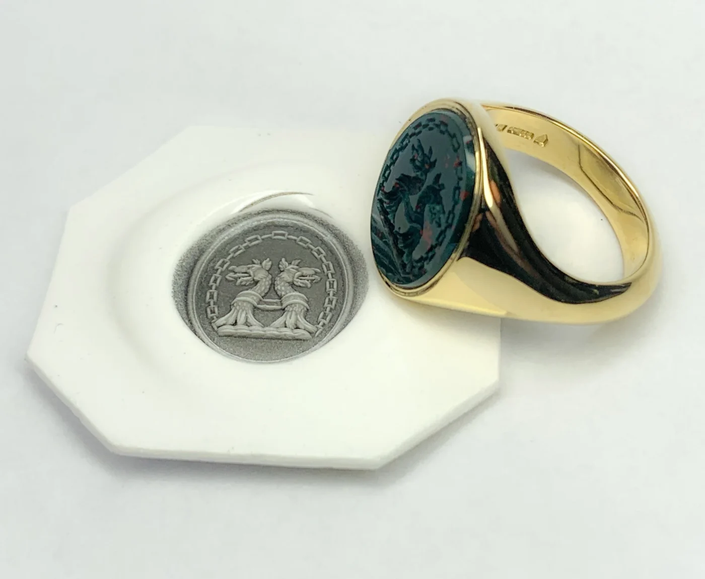 Bloodstone seal engraved signet ring in yellow gold