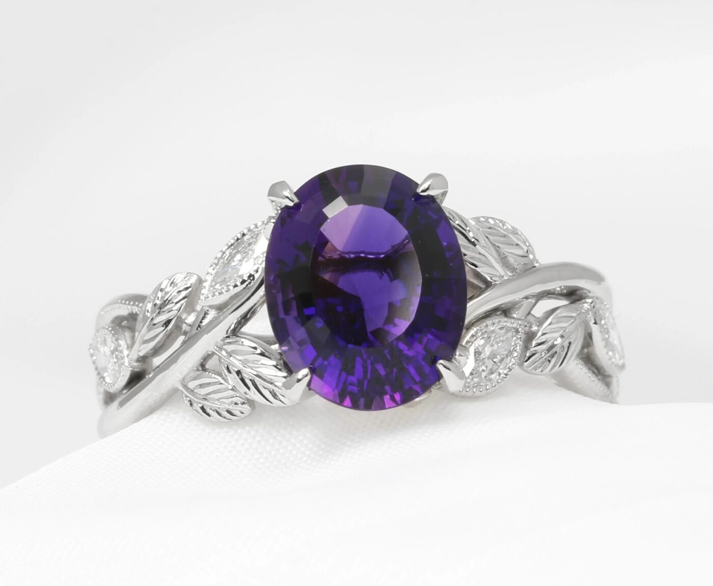 Bespoke commission amethyst and platinum floral leaf ring