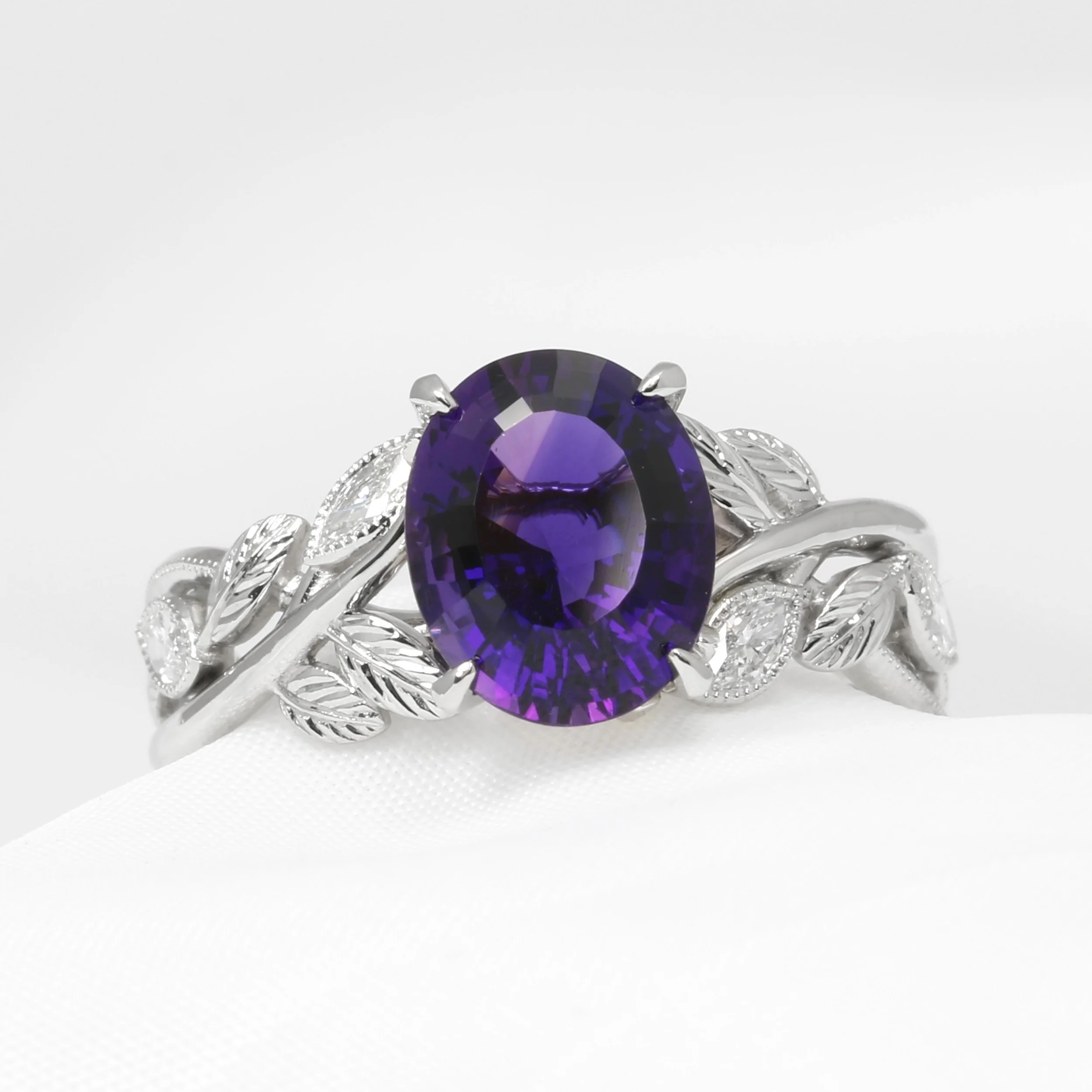 Bespoke commission amethyst and platinum floral leaf ring
