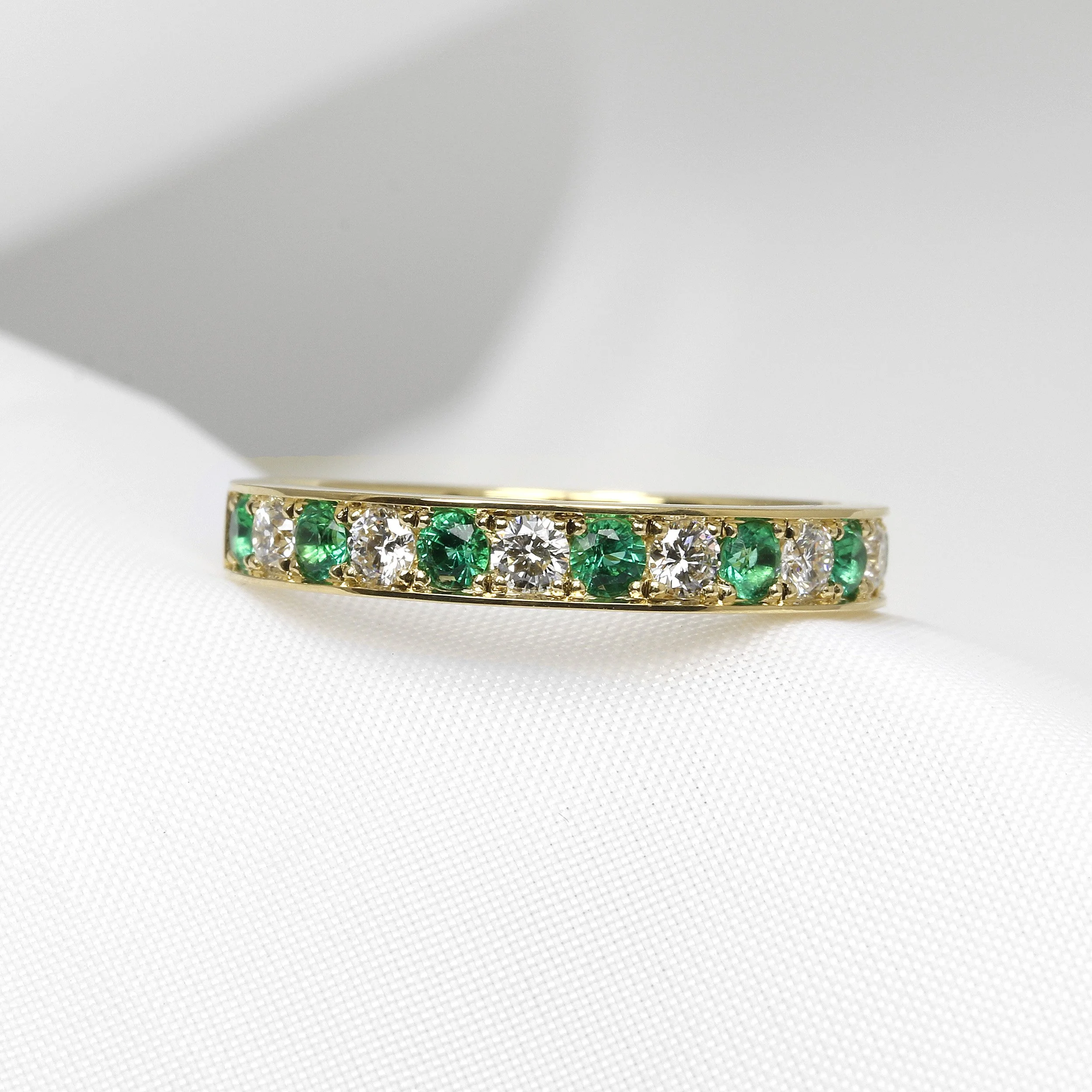 Emerald and Diamond Eternity Ring in 18ct Yellow Gold