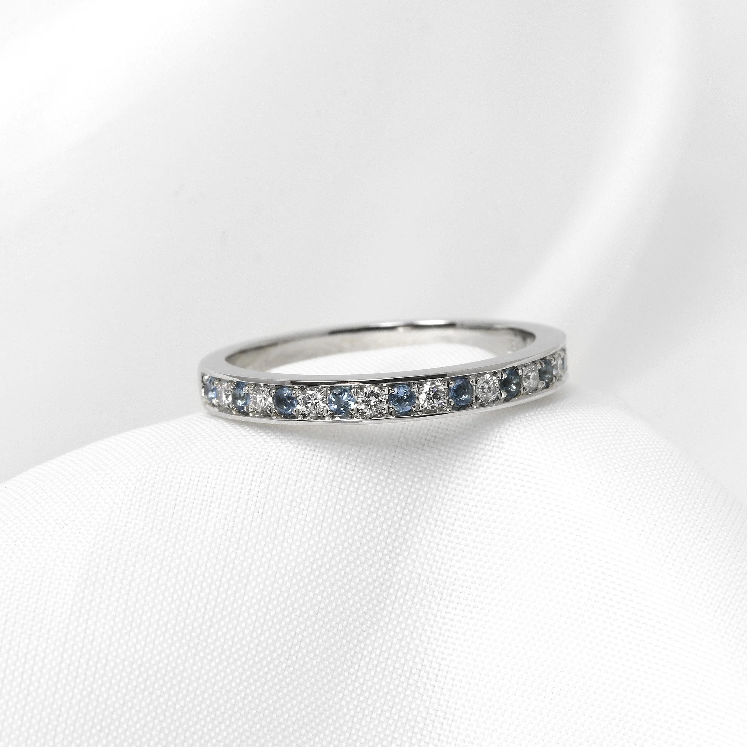 Aquamarine and Diamond Eternity Ring in Platinum