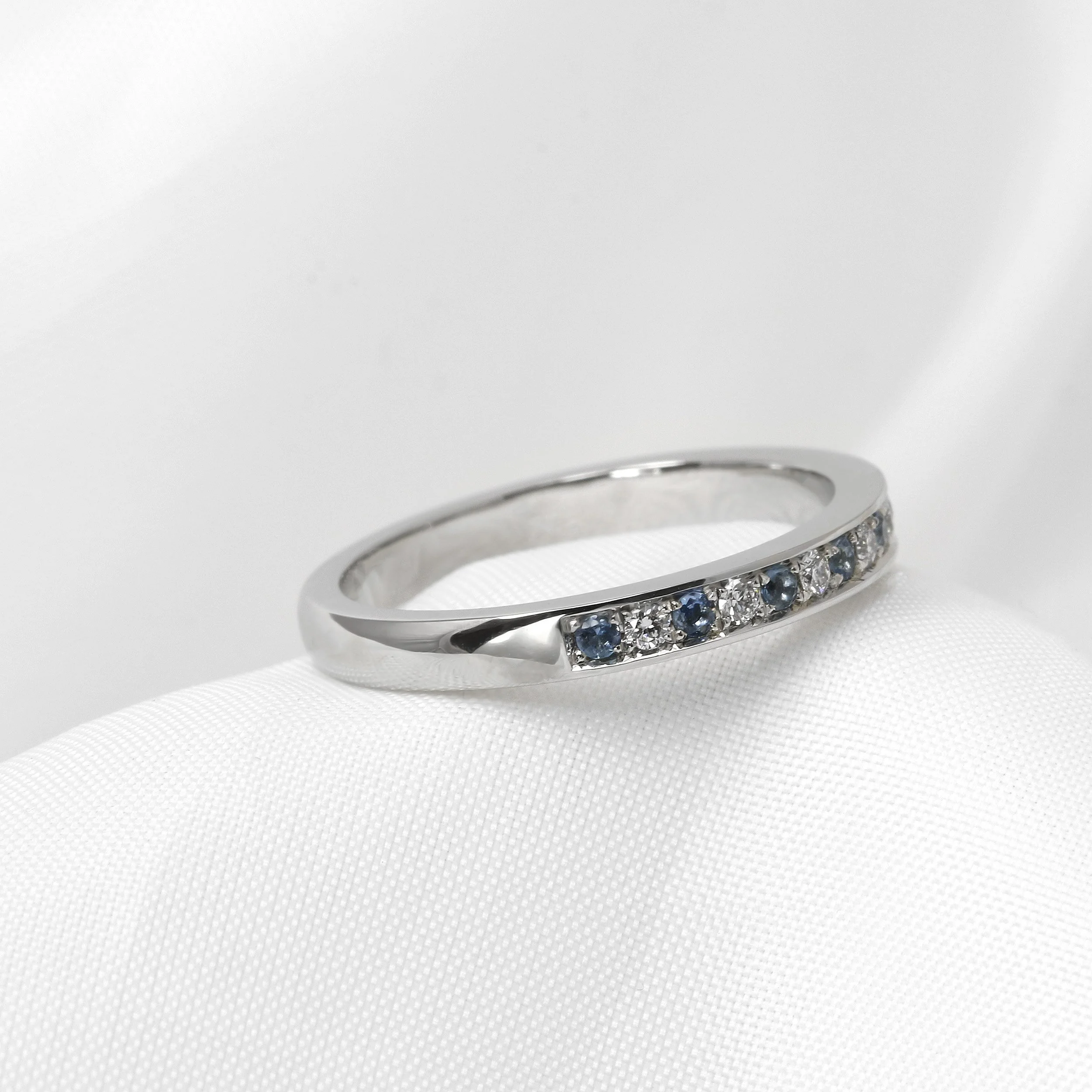 Aquamarine and Diamond Eternity Ring in Platinum