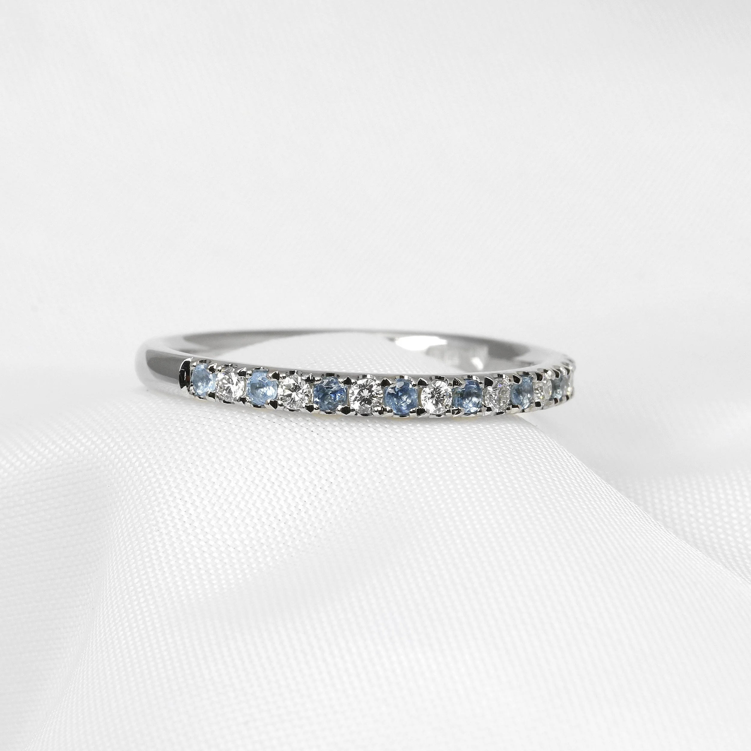 Aquamarine and Diamond Eternity Ring in Platinum