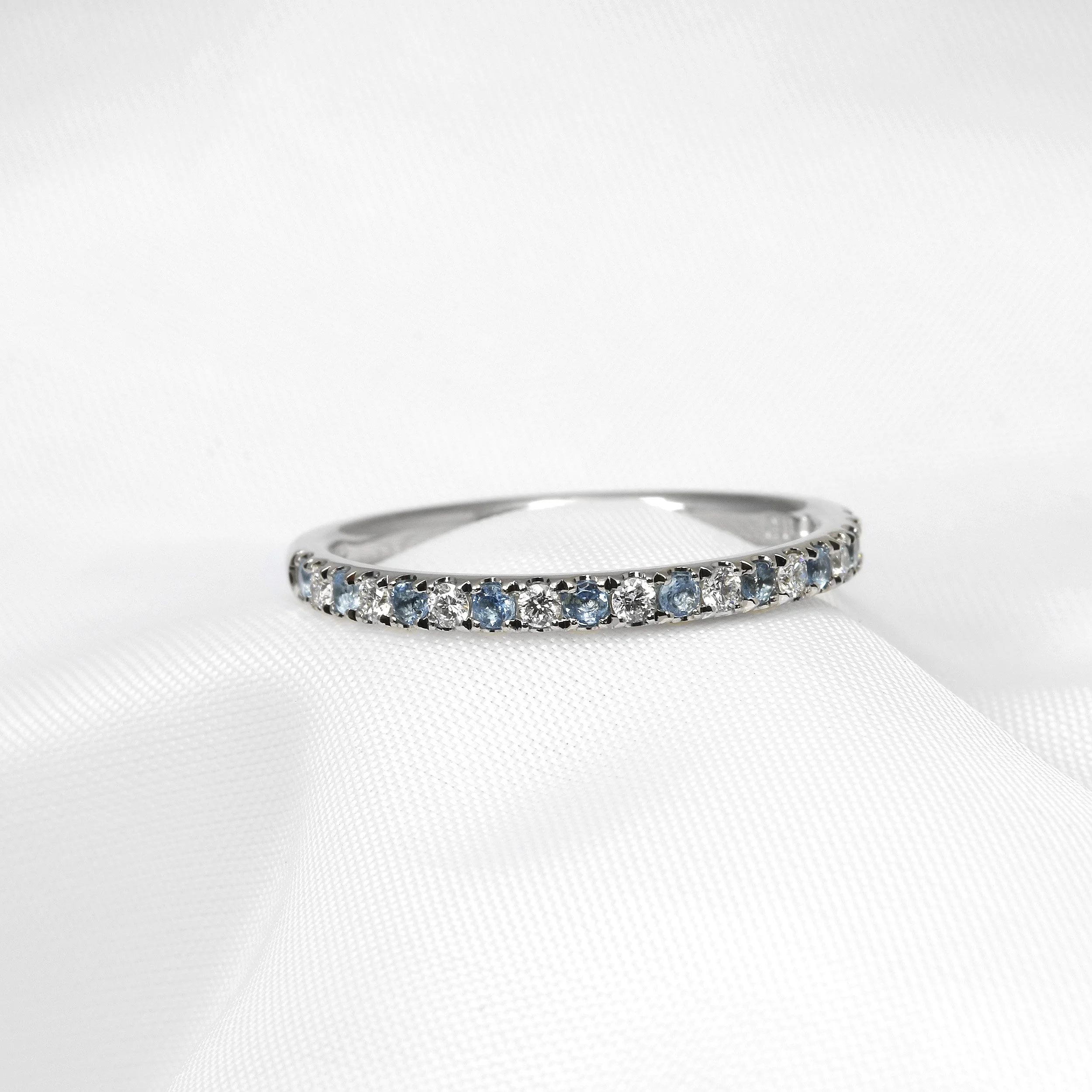Aquamarine and Diamond Eternity Ring in Platinum