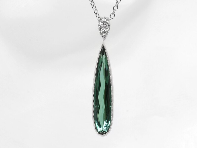 Tourmaline and Diamond Drop Pendant in 9ct White Gold