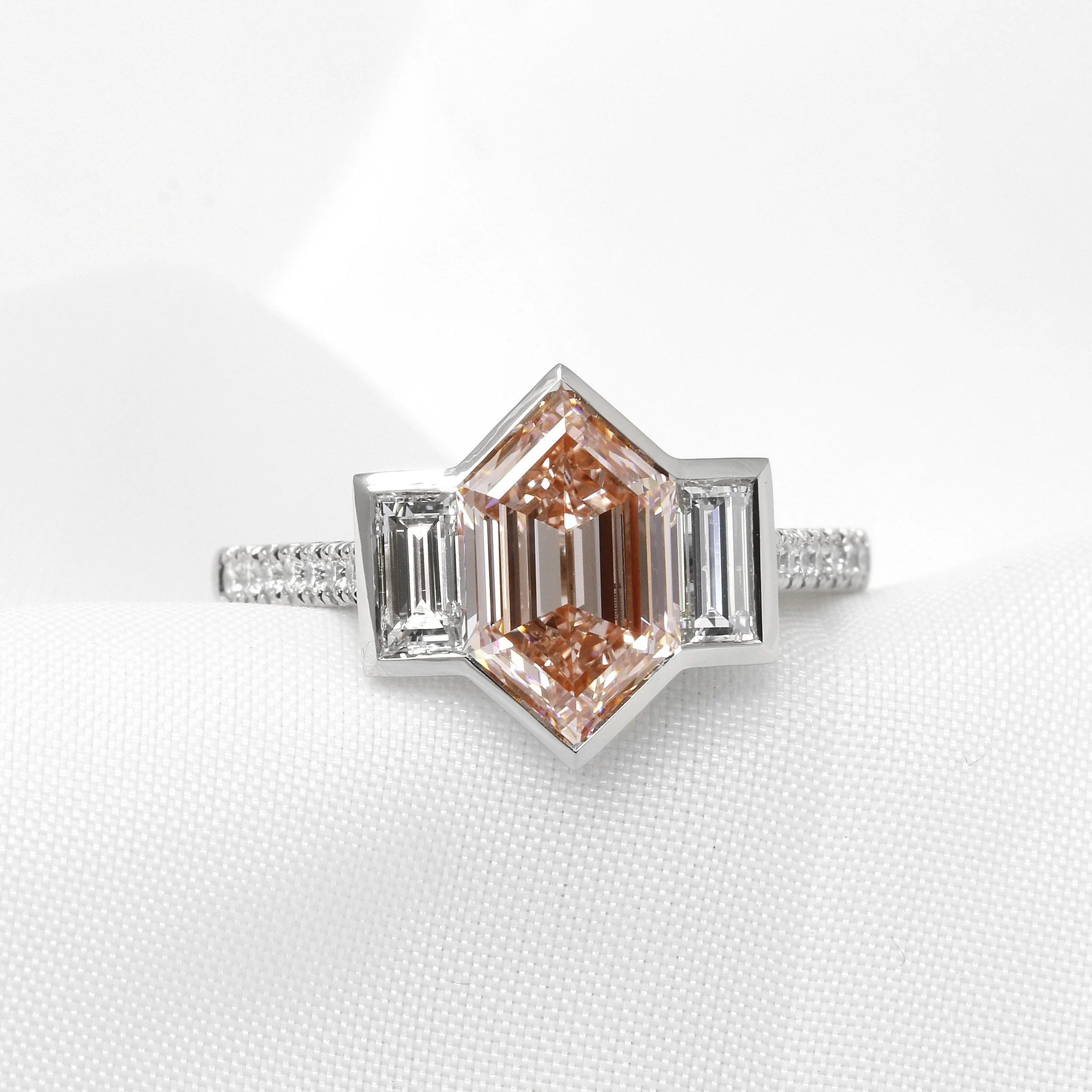 Laboratory Created Fancy Pink Hexagonal Diamond and Baguette Ring