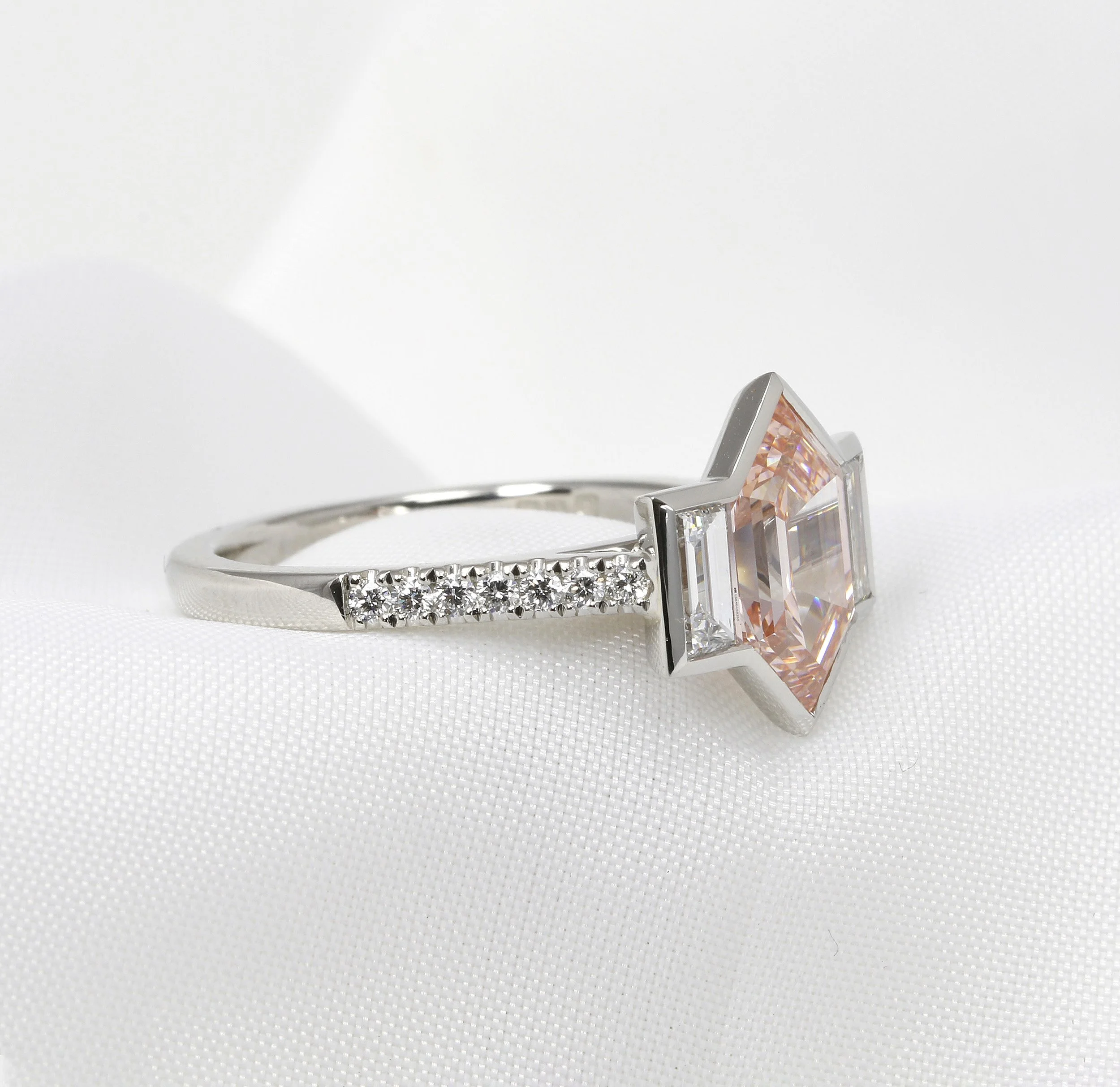Laboratory Created Fancy Pink Hexagonal Diamond and Baguette Ring