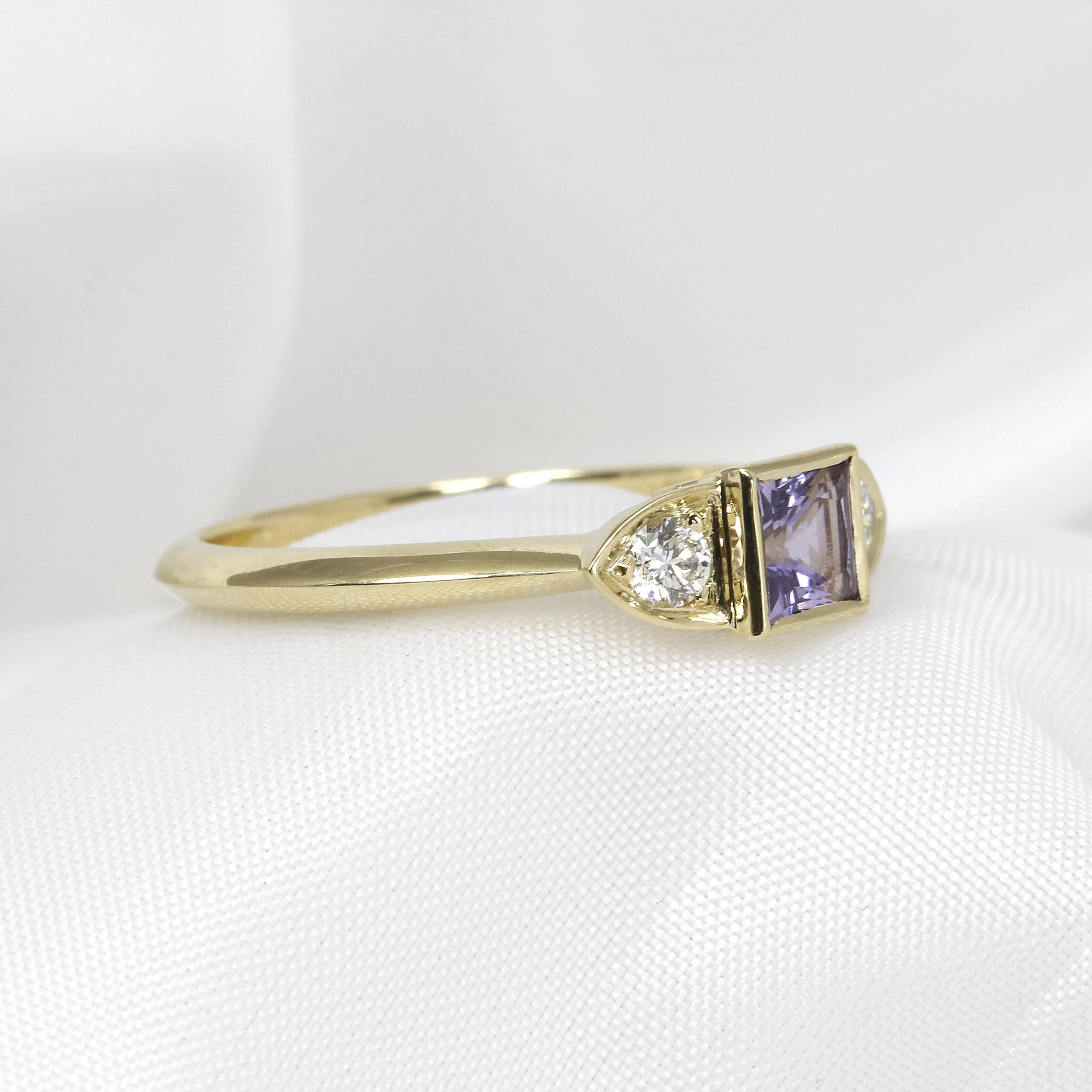 Purple Sapphire and Diamond Three Stone Ring in 9ct Yellow Gold