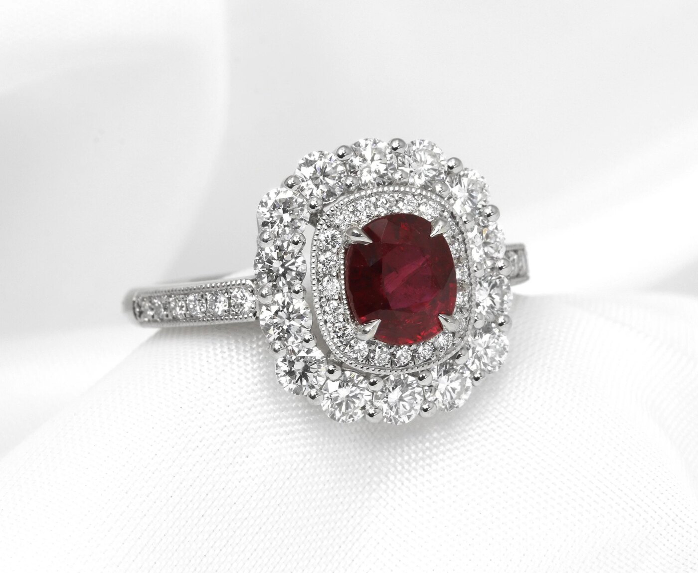 Ruby and Diamond Double Halo Cluster Ring in Platinum