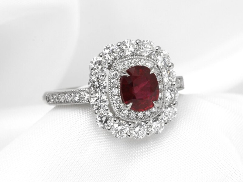 Ruby and Diamond Double Halo Cluster Ring in Platinum