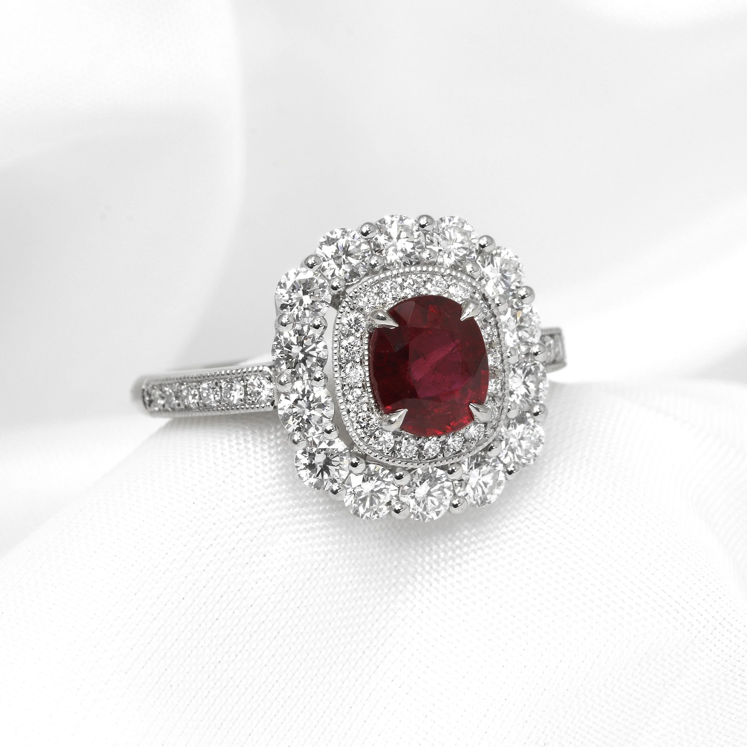 Ruby and Diamond Double Halo Cluster Ring in Platinum