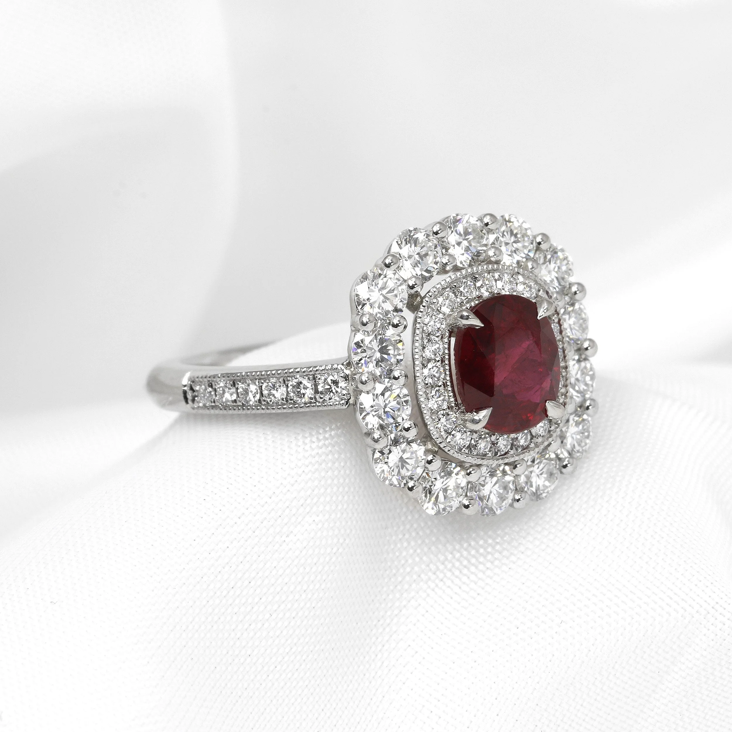 Ruby and Diamond Double Halo Cluster Ring in Platinum
