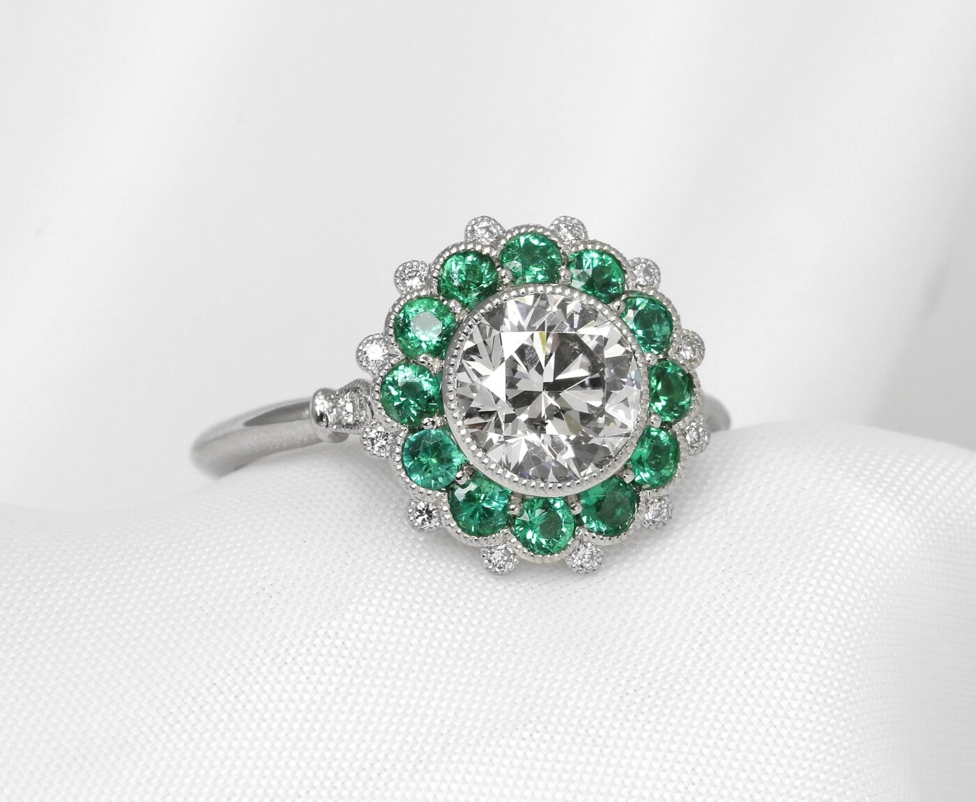 Timothy Roe Emerald and Diamond Cluster Ring in Platinum 