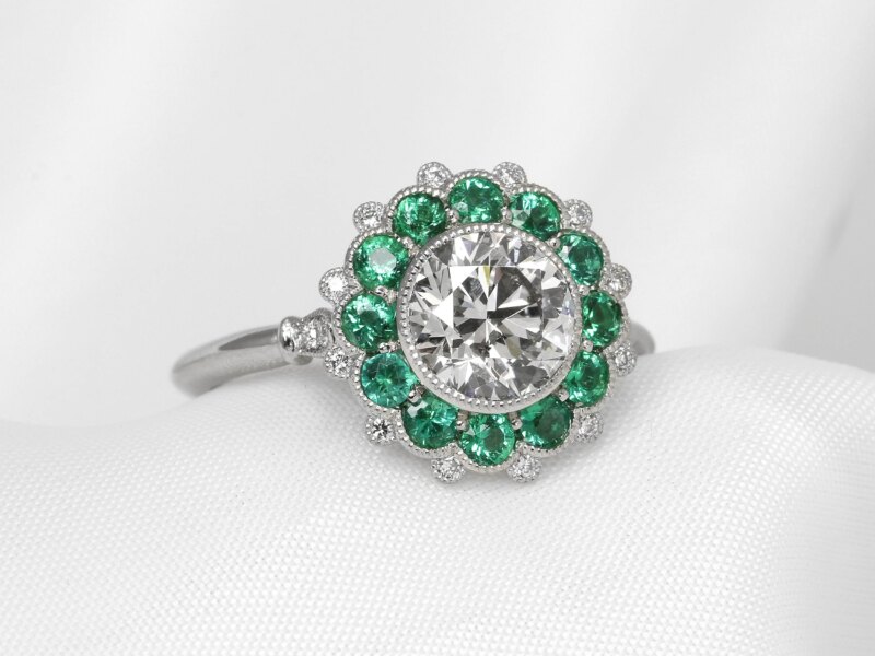 Emerald and Diamond Cluster Ring in Platinum