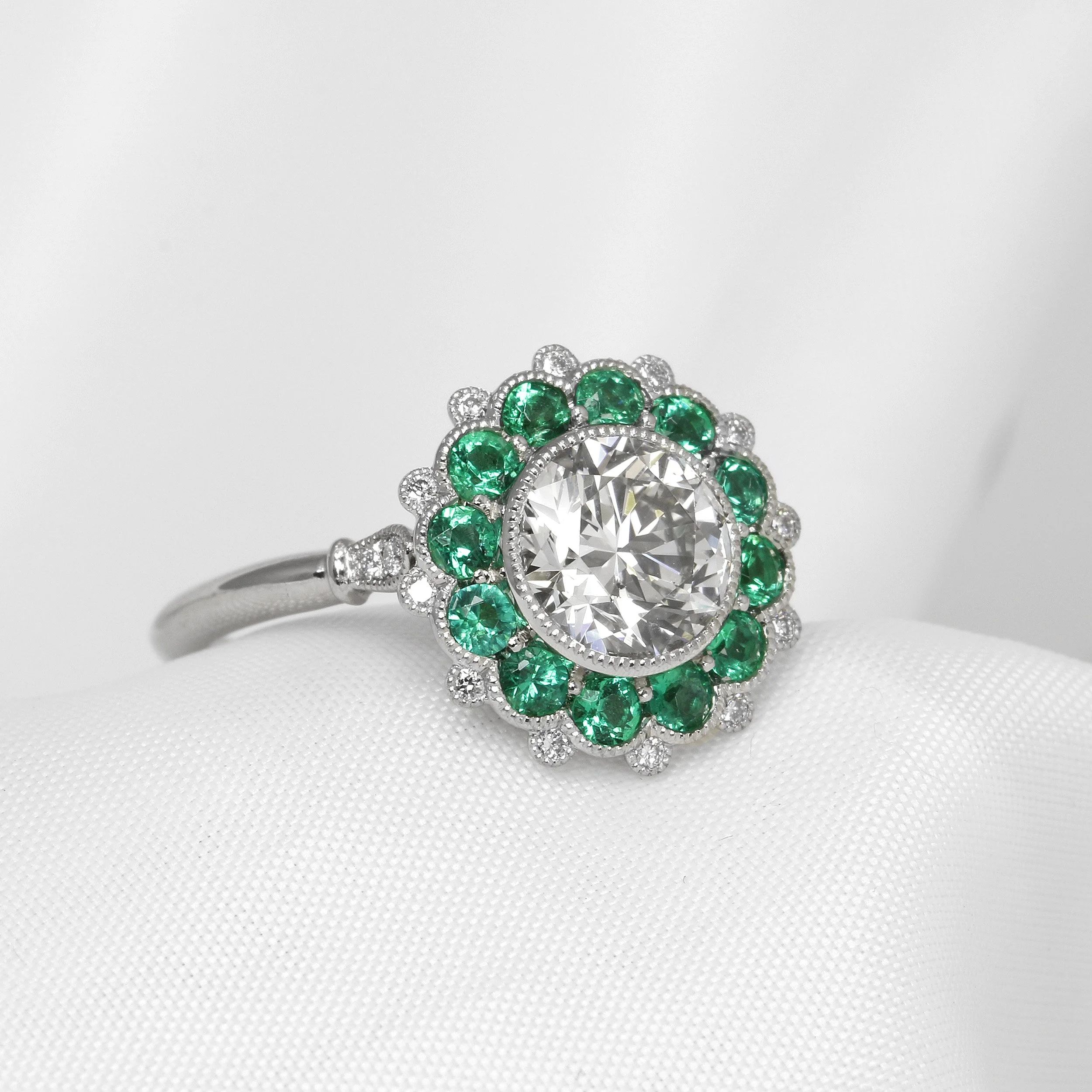 Emerald and Diamond Cluster Ring in Platinum