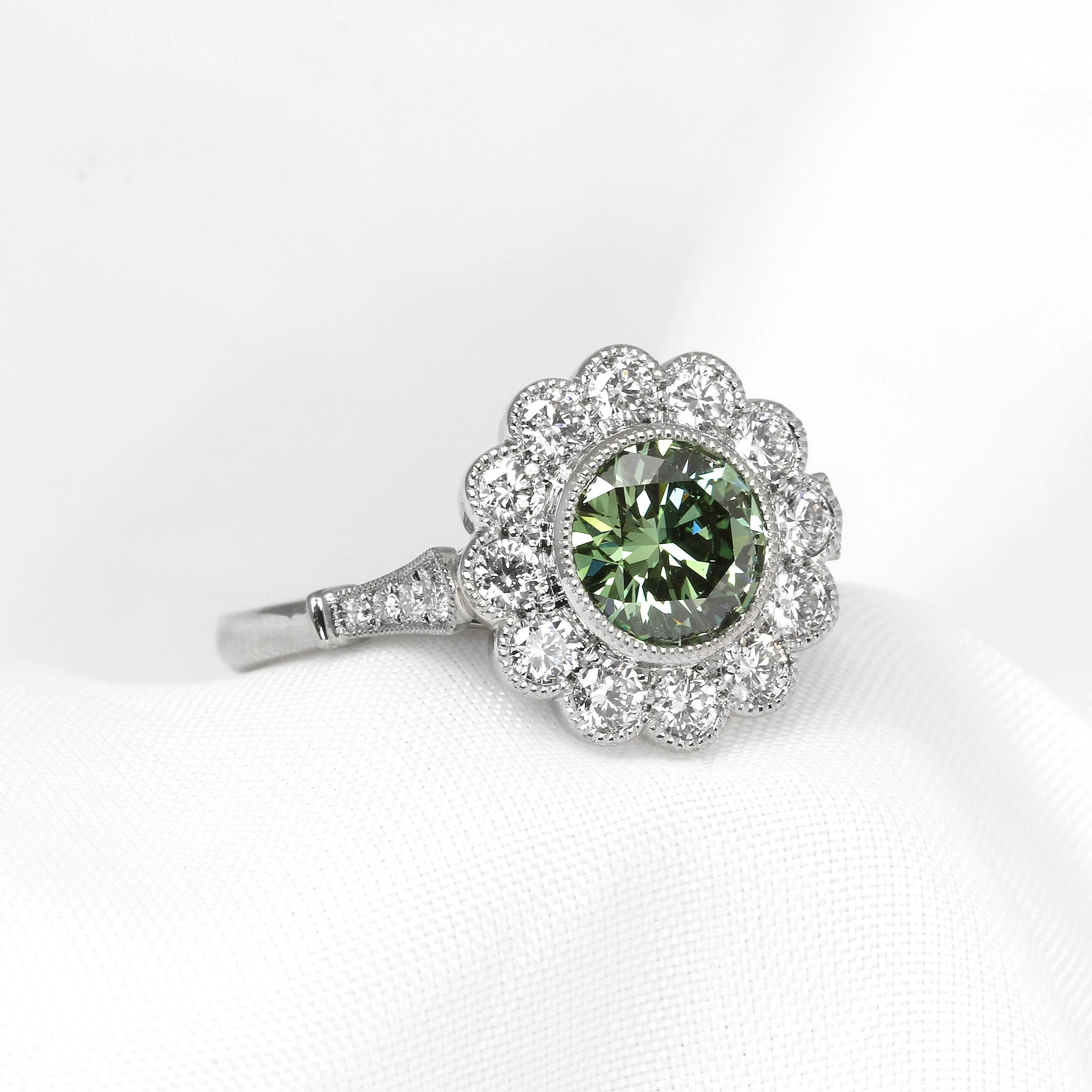 Laboratory Created Green Diamond Daisy Cluster Ring in Platinum