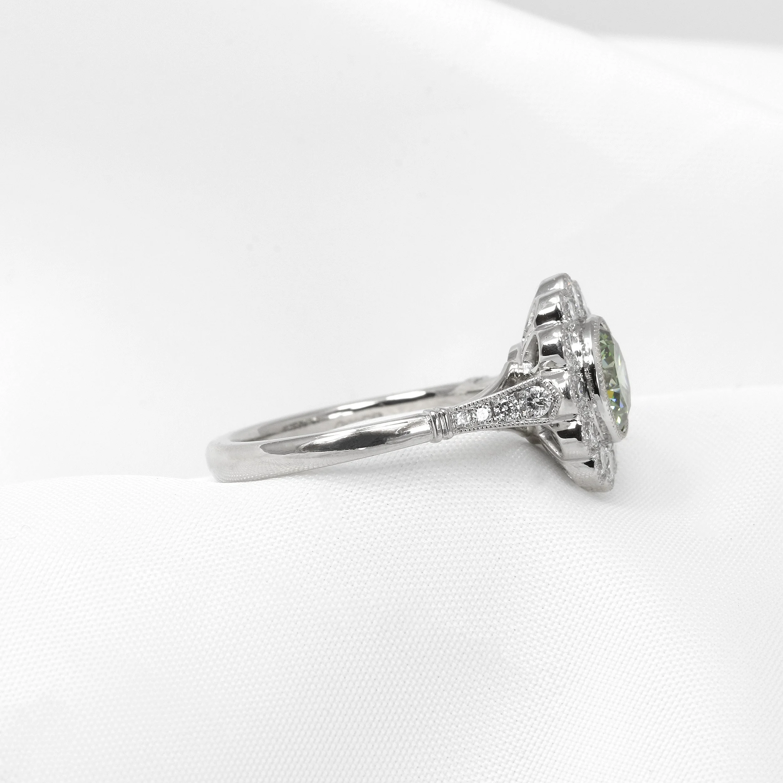 Laboratory Created Green Diamond Daisy Cluster Ring in Platinum