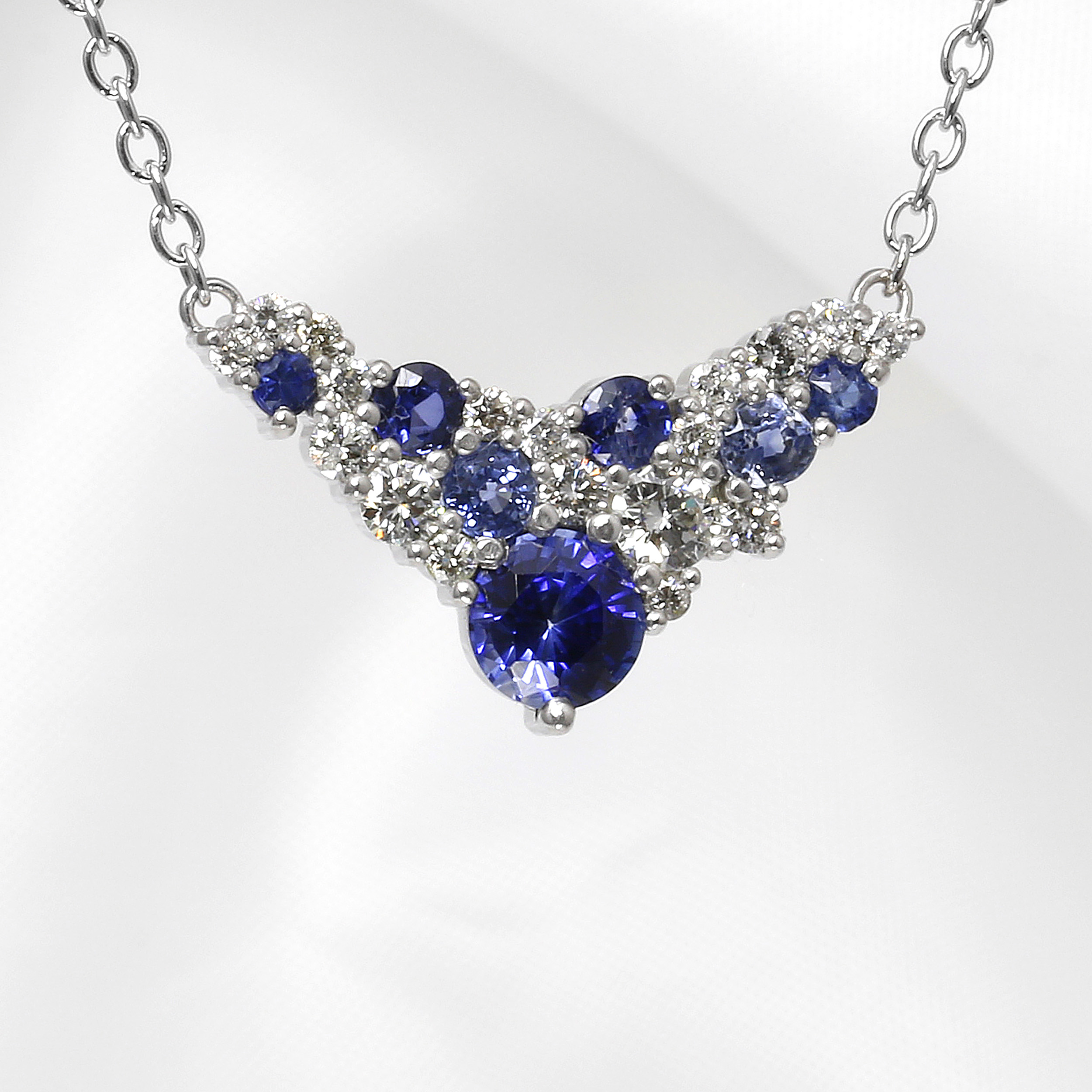Sapphire and Diamond Cluster Necklace in White Gold