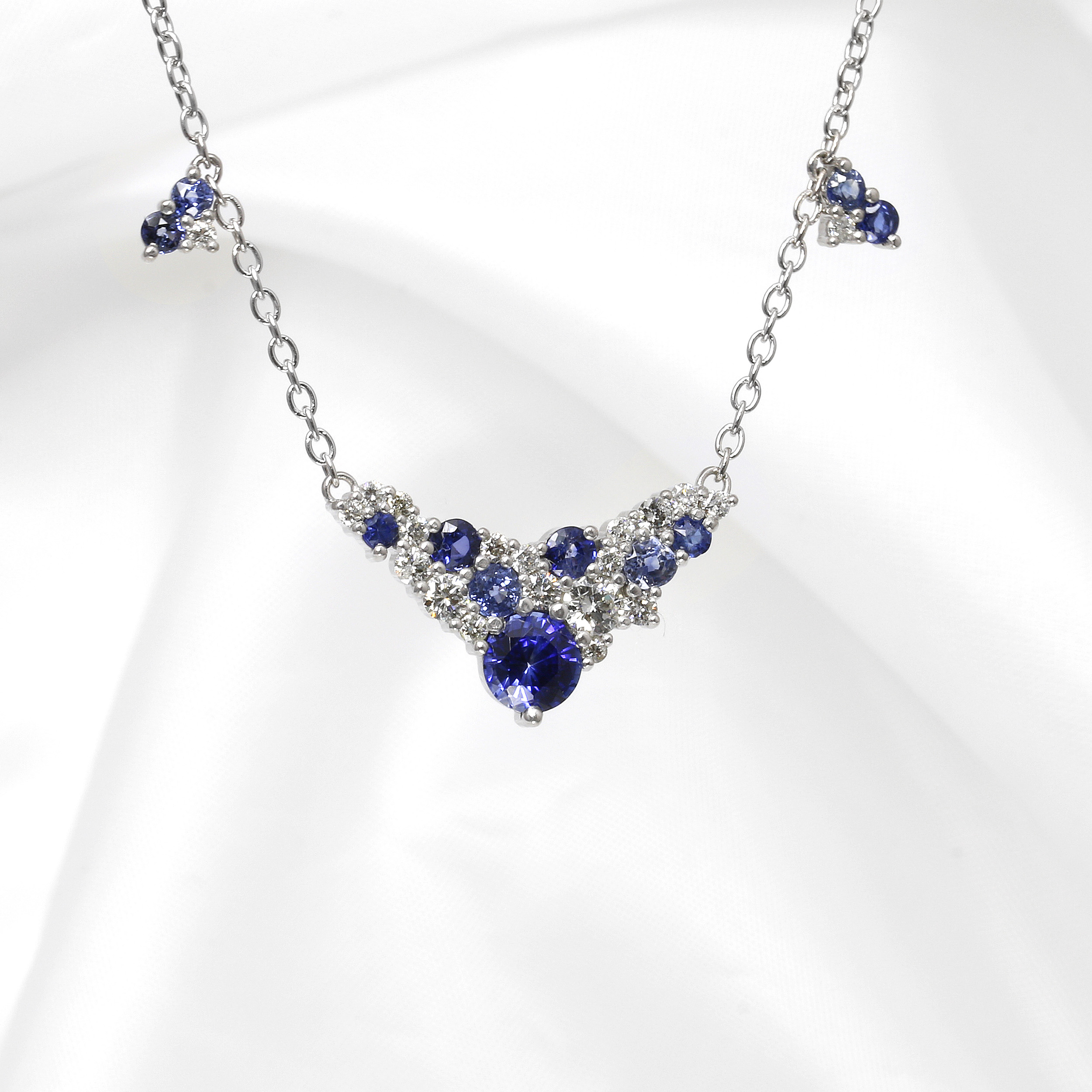 Sapphire and Diamond Cluster Necklace in White Gold