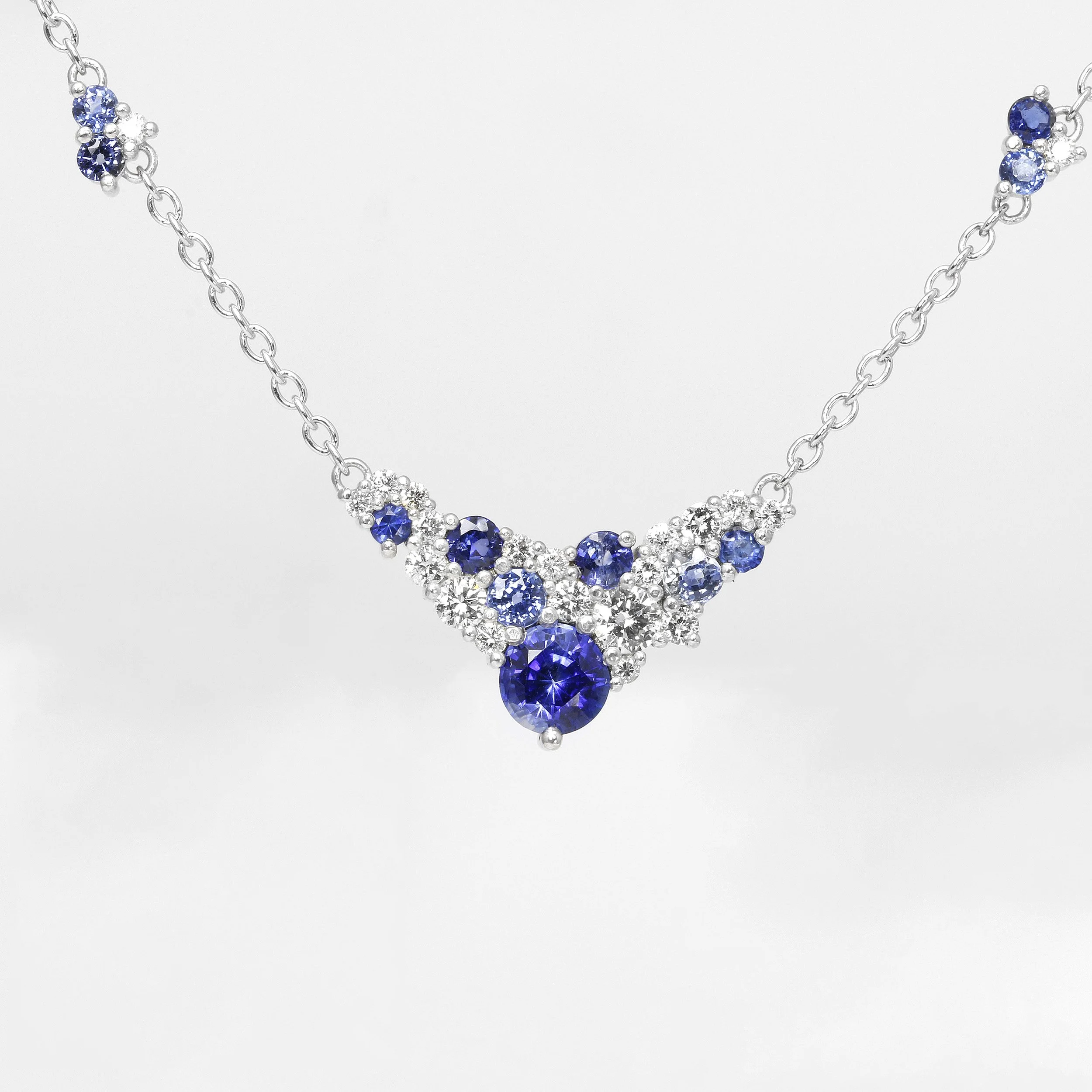Sapphire and Diamond Cluster Necklace in White Gold