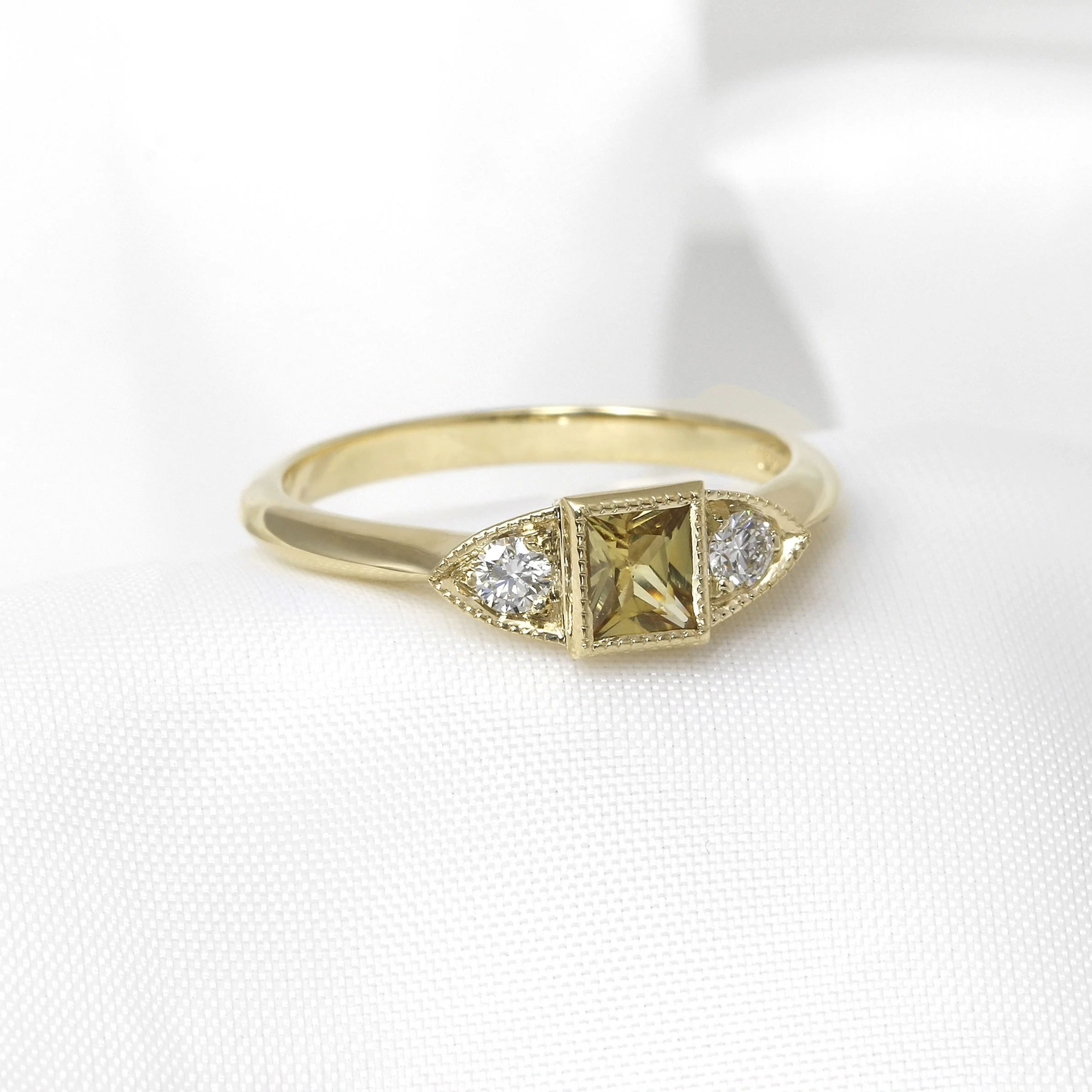 Yellow Sapphire and Diamond Ring Three Stone Ring
