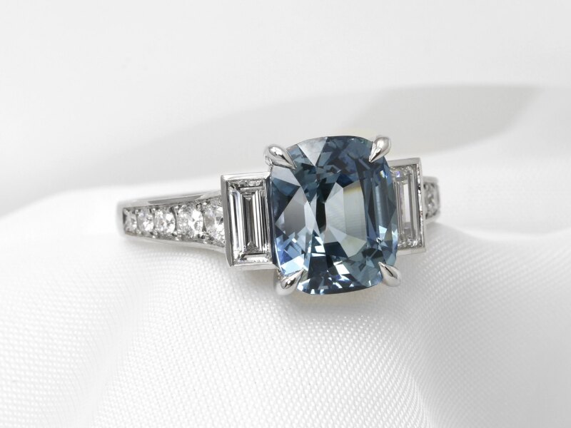 Steel Blue Sapphire and Diamond Ring in Platinum
