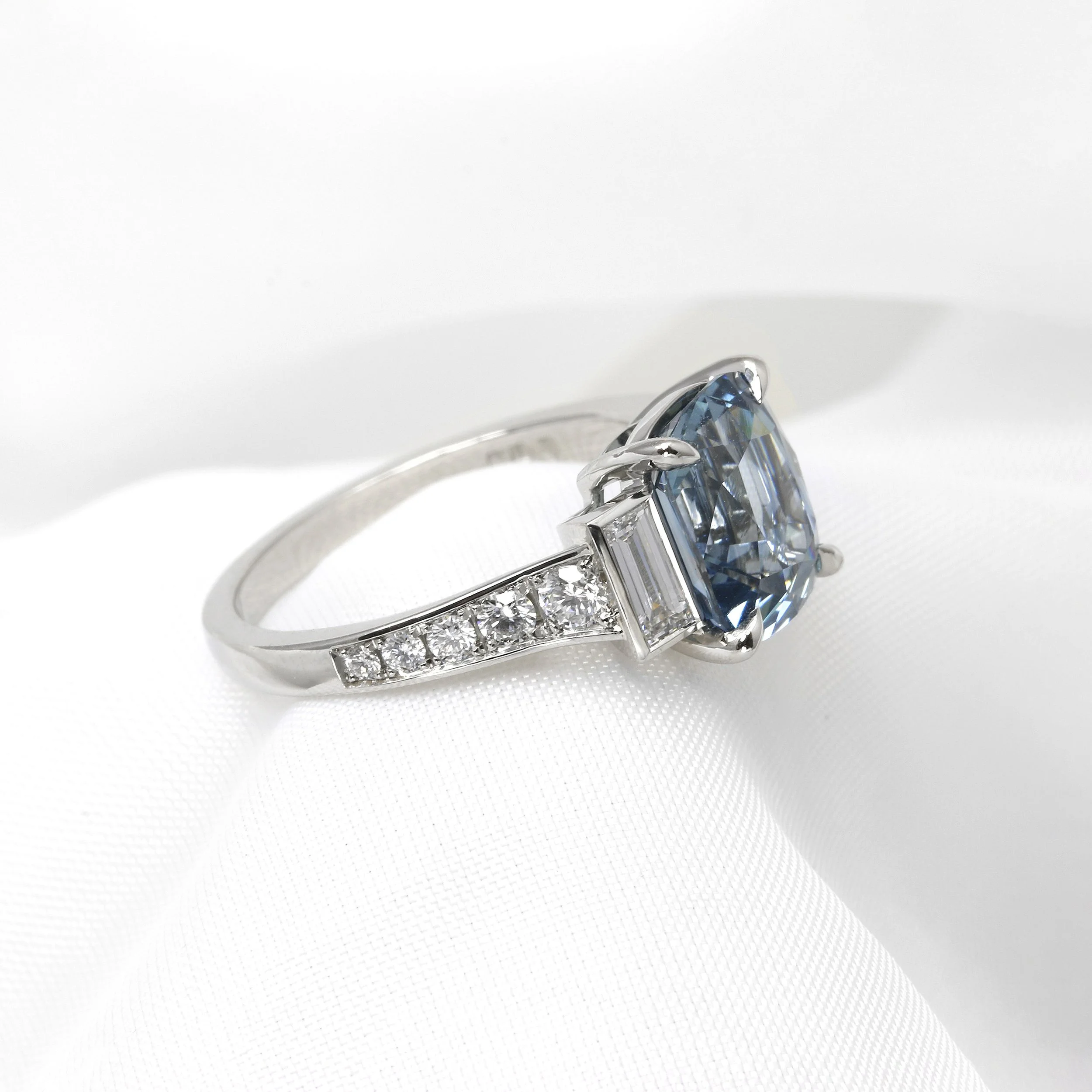 Steel Blue Sapphire and Diamond Ring in Platinum