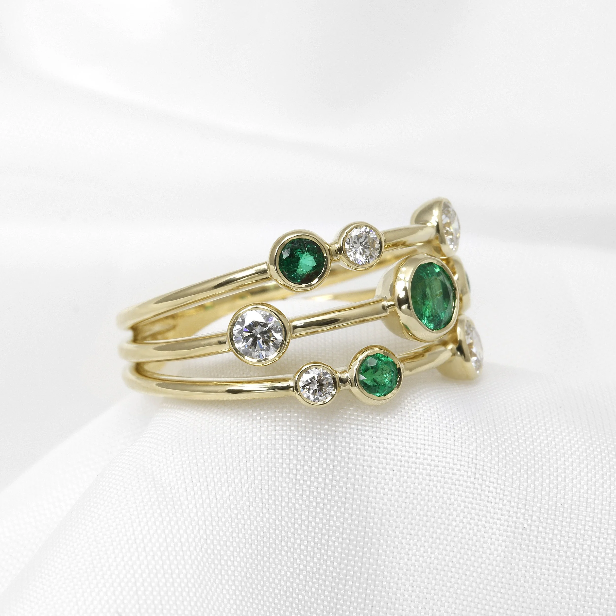 Emerald and Diamond Multi-band Ring in Yellow Gold