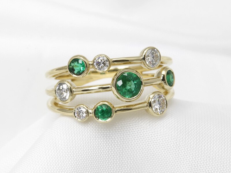 Emerald and Diamond Multi-band Ring in Yellow Gold 9ct