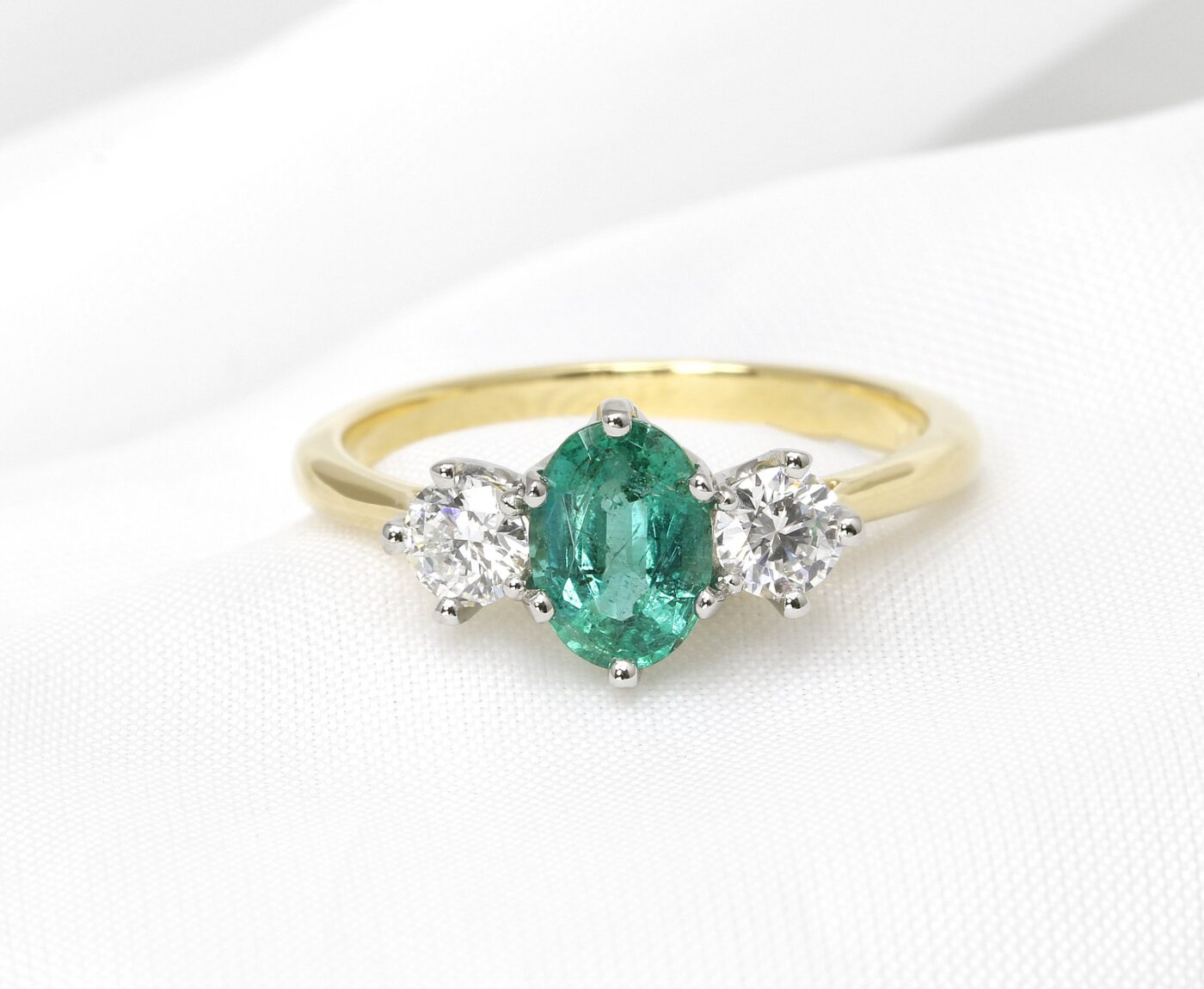 Timothy Roe Oval Emerald and Diamond Three Stone Ring in Yellow Gold and Platinum