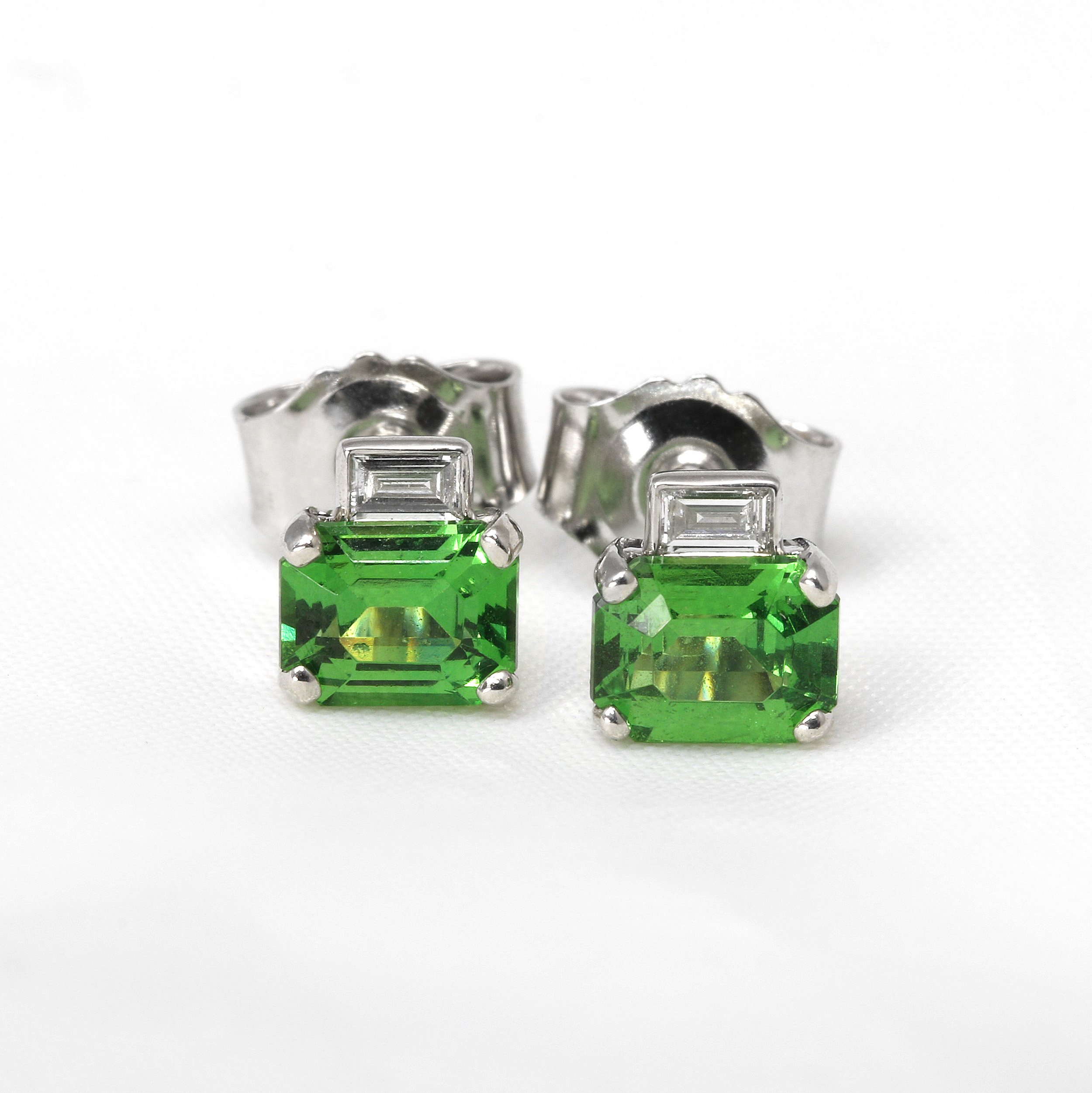 Tsavorite Garnet and Baguette Diamond Stud Earrings in White Gold