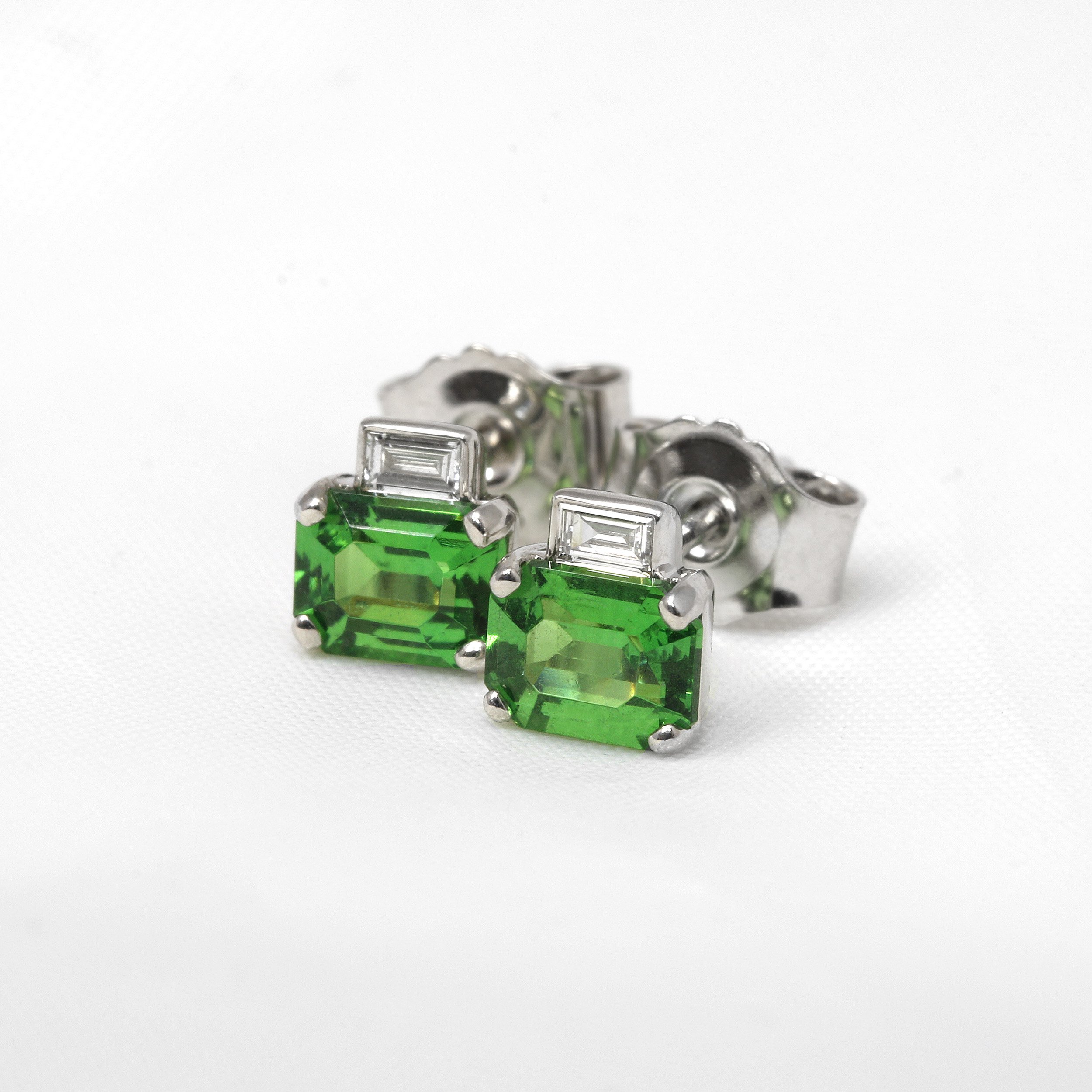 Tsavorite Garnet and Baguette Diamond Stud Earrings in White Gold