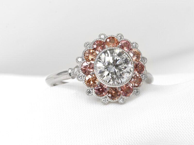 Diamond and Padparadscha Sapphire Daisy Cluster Ring