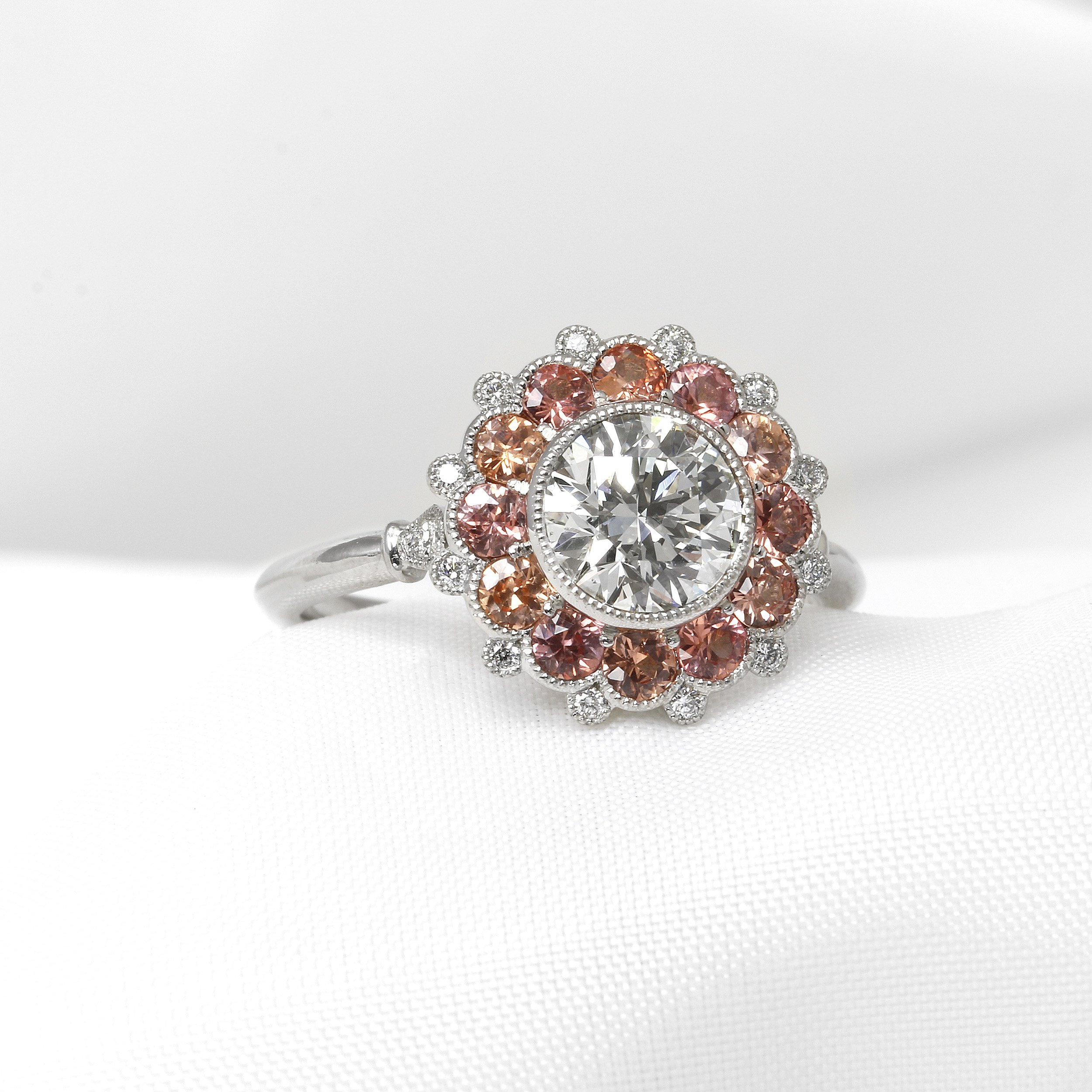 Diamond and Padparadscha Sapphire Daisy Cluster Ring