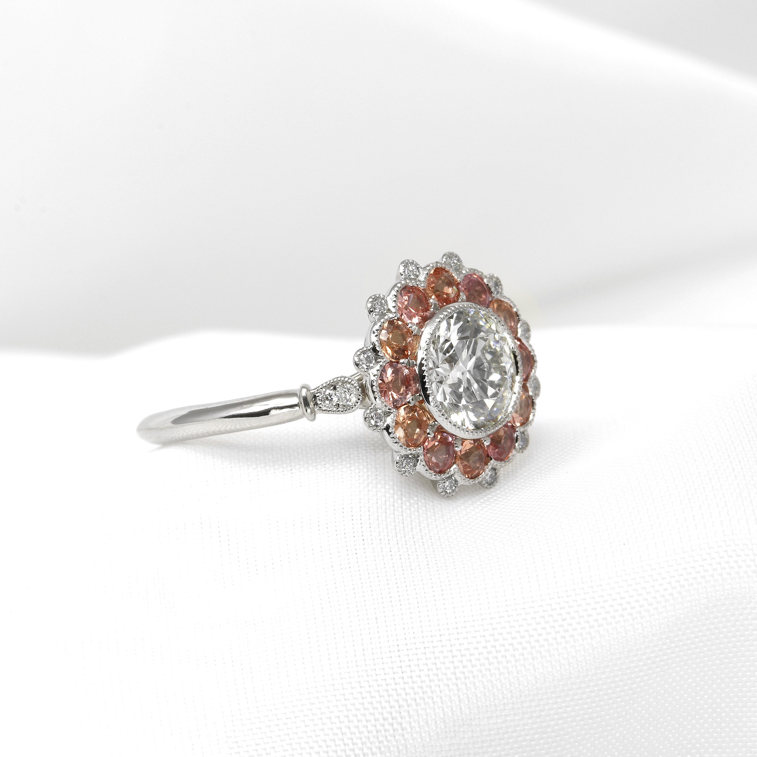 Diamond and Padparadscha Sapphire Daisy Cluster Ring