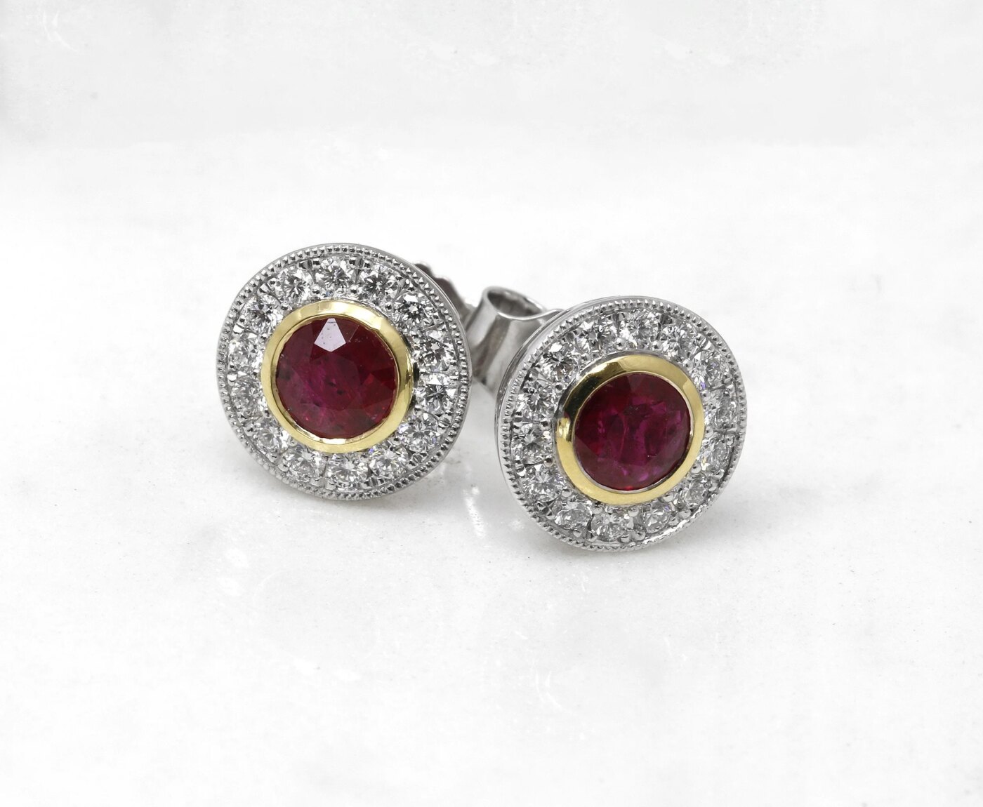 Ruby and Diamond Halo Cluster Earrings in 18ct Gold 