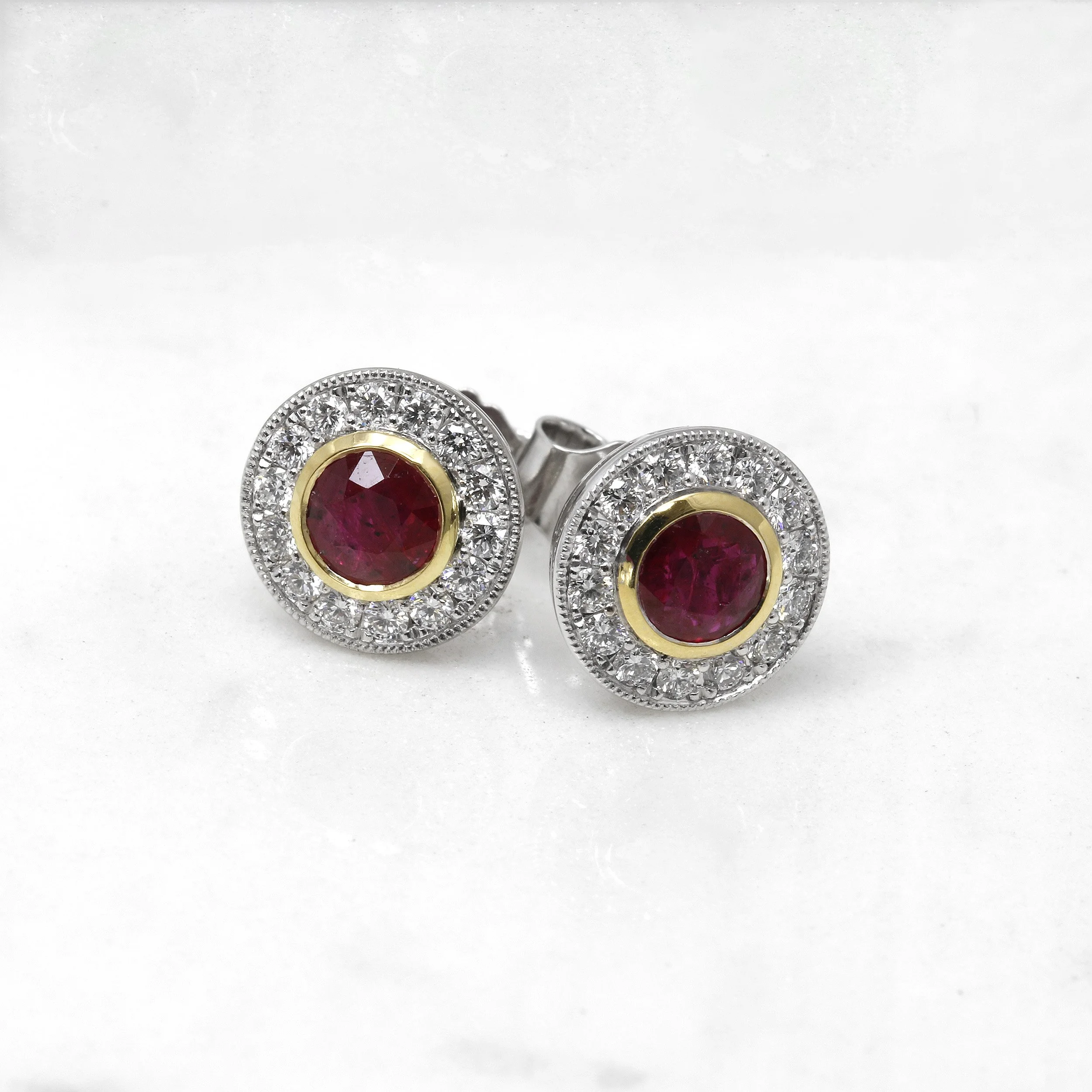 Ruby and Diamond Halo Cluster Earrings in 18ct Gold