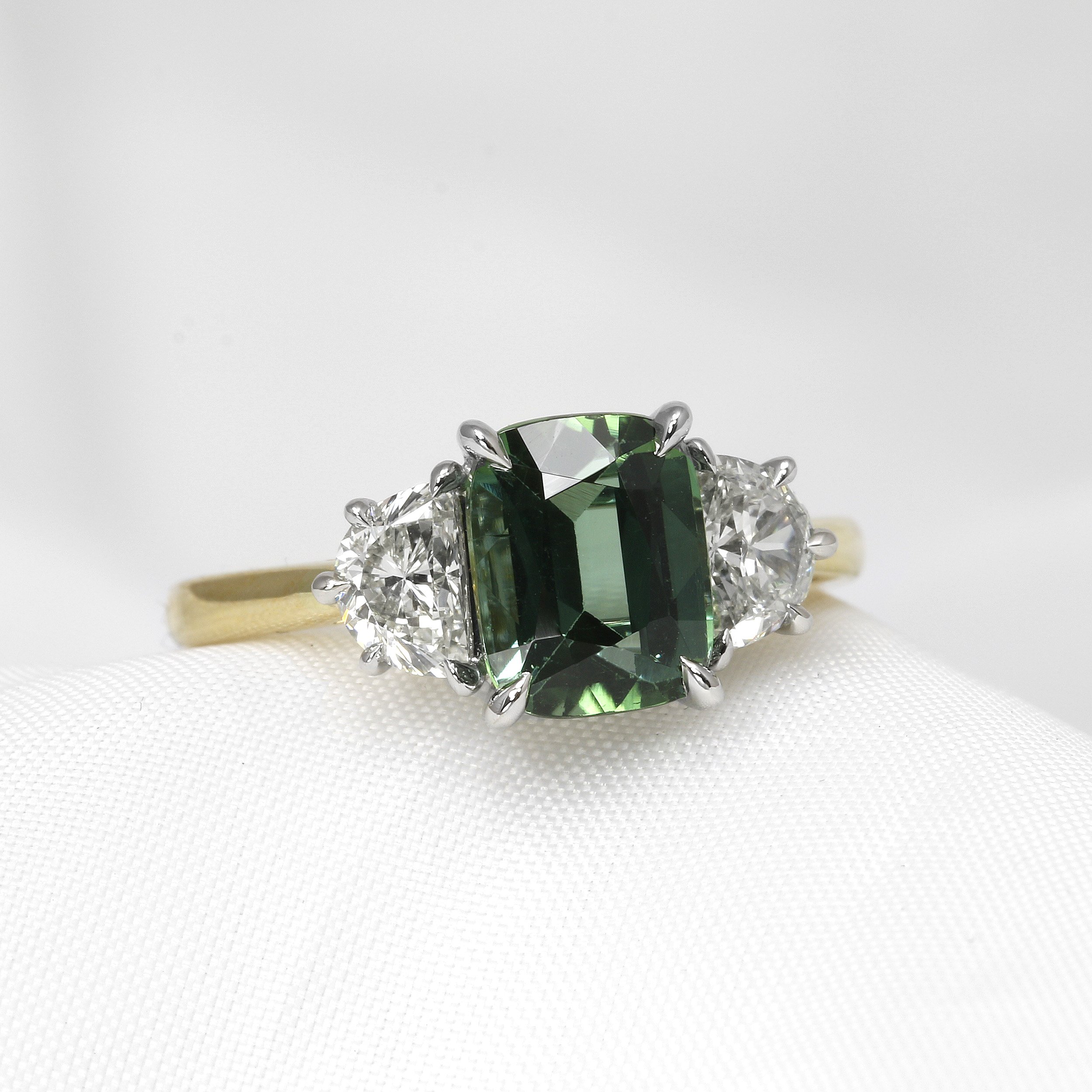 Tourmaline and Diamond Three Stone Ring in Platinum and Yellow Gold