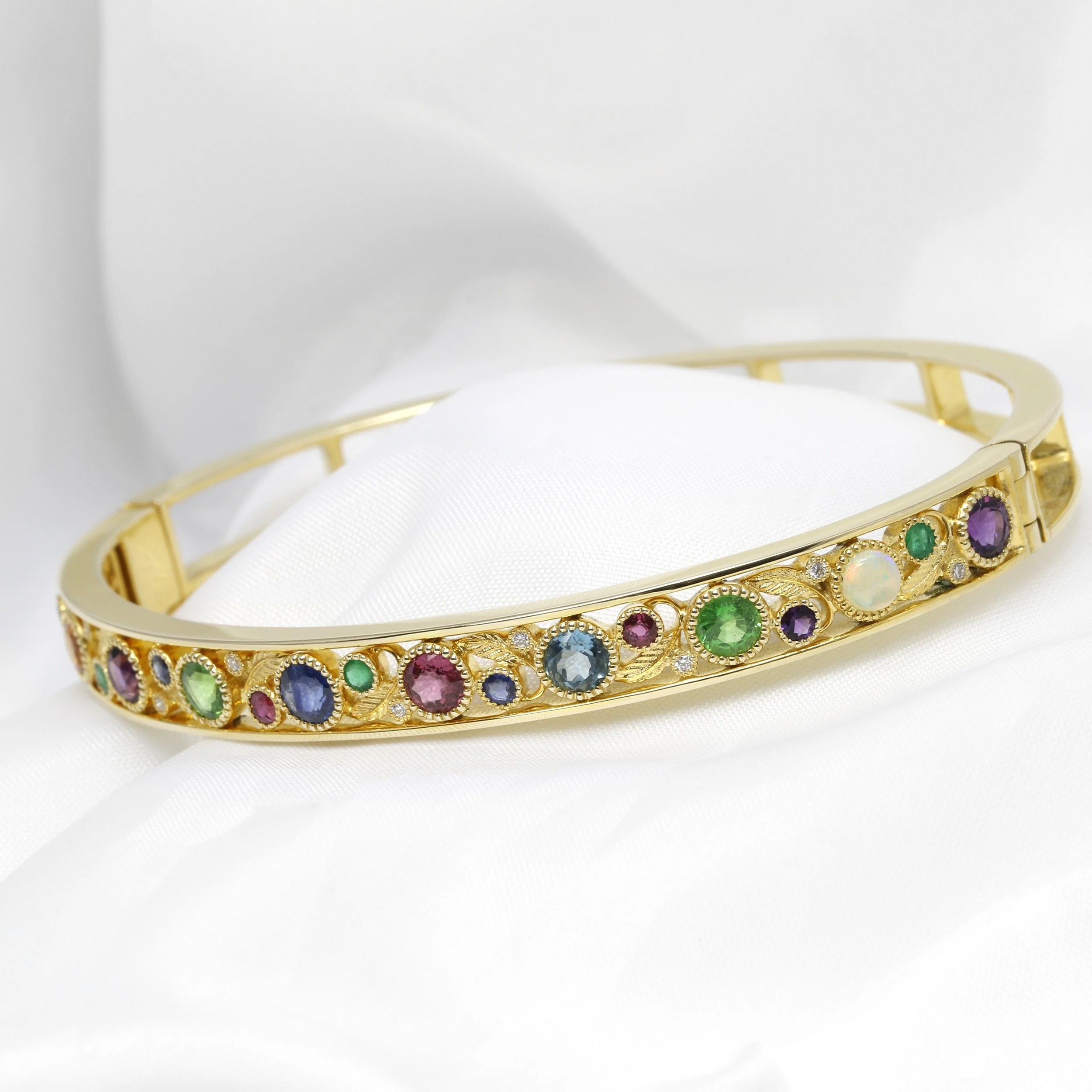 Multi Gemstone Bud and Bloom Bangle in 9ct Yellow Gold