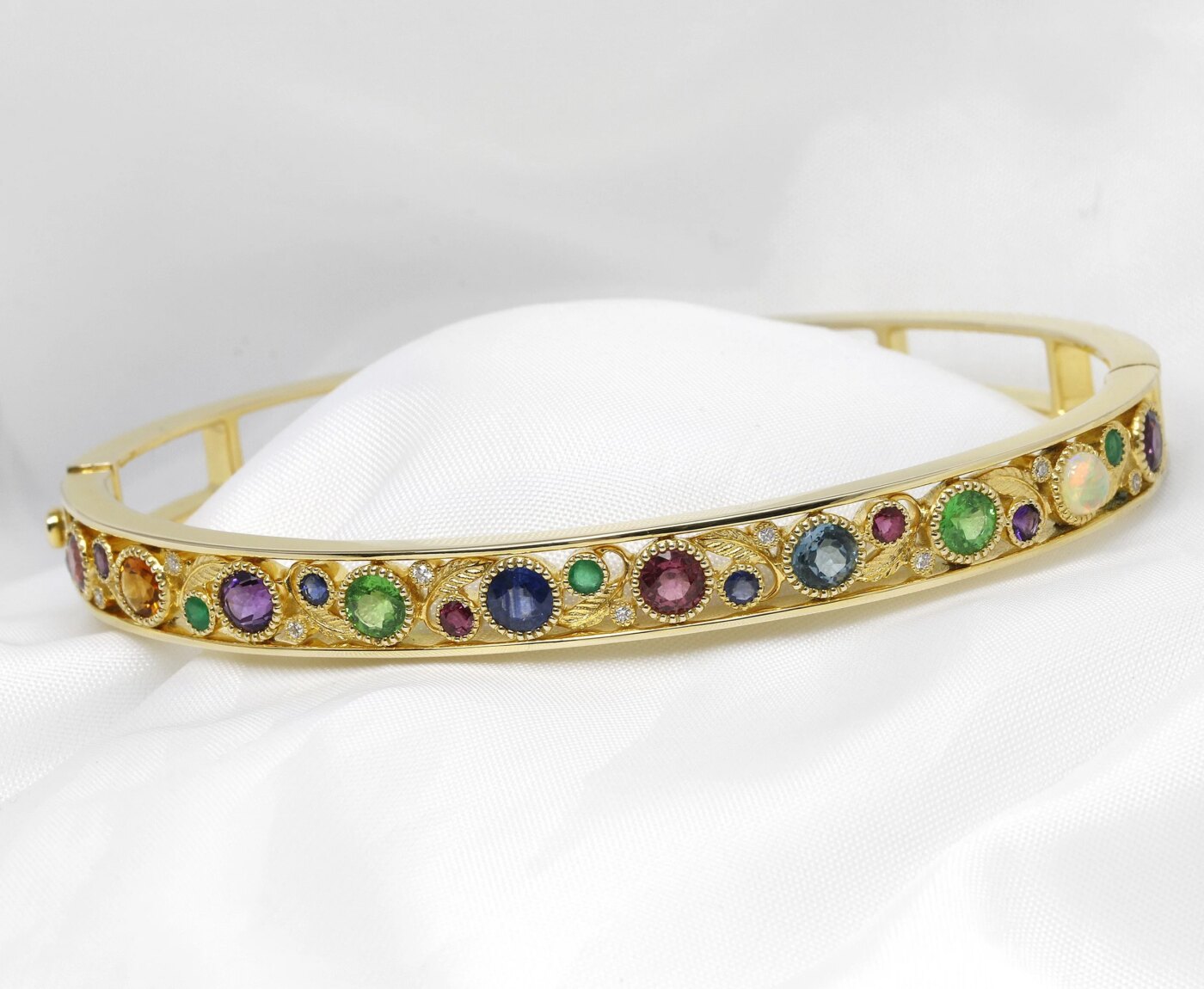 Multi Gemstone Bud and Bloom Bangle in 9ct Yellow Gold