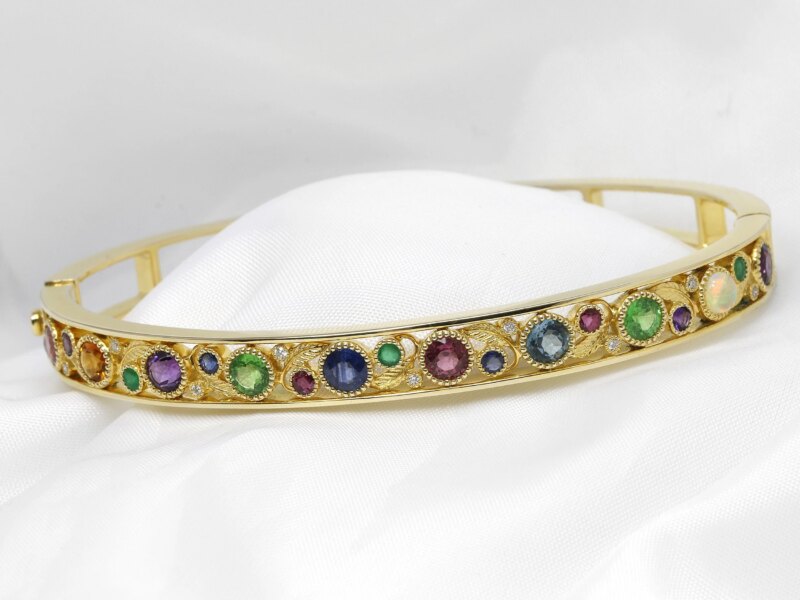 Multi Gemstone Bud and Bloom Bangle in 9ct Yellow Gold