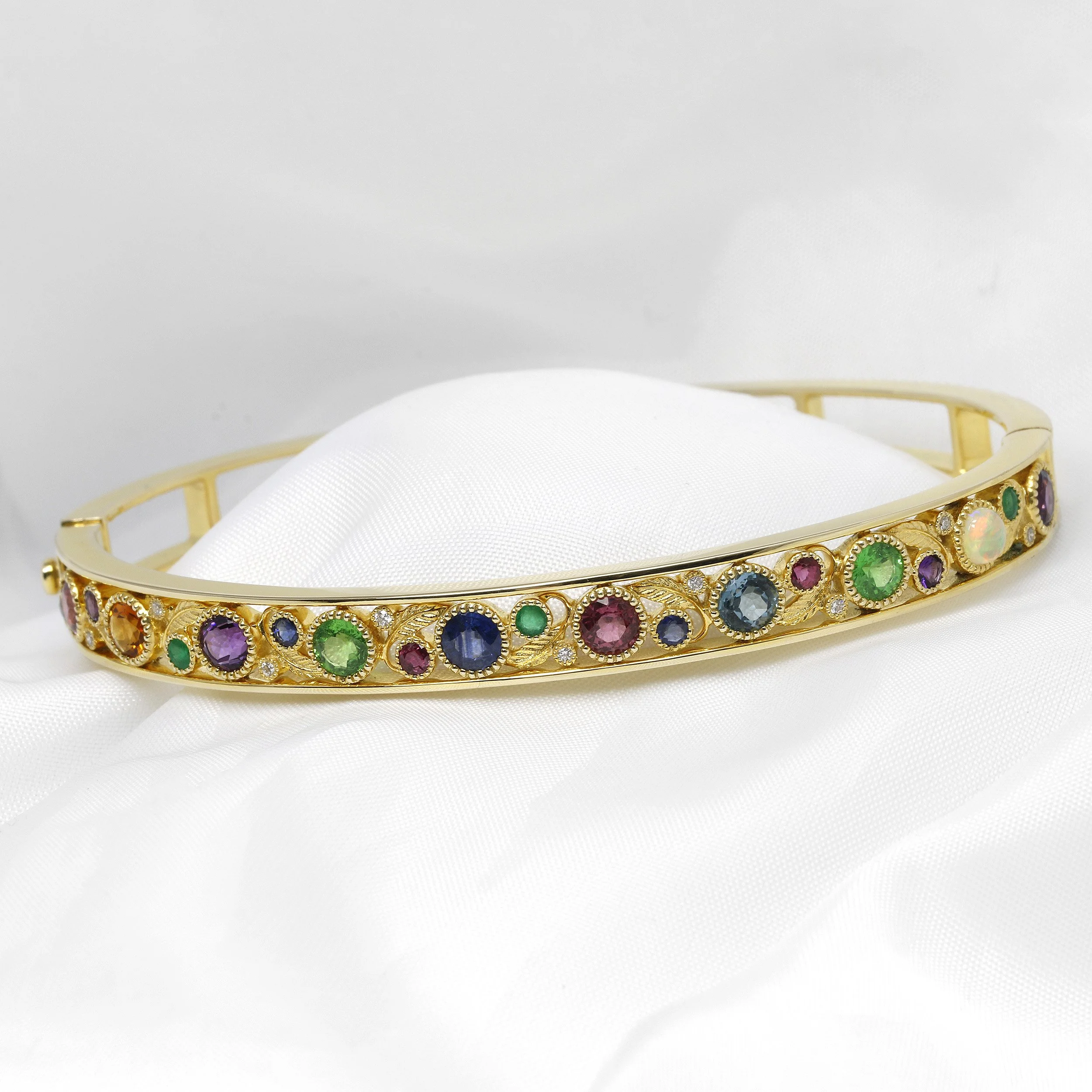 Multi Gemstone Bud and Bloom Bangle in 9ct Yellow Gold