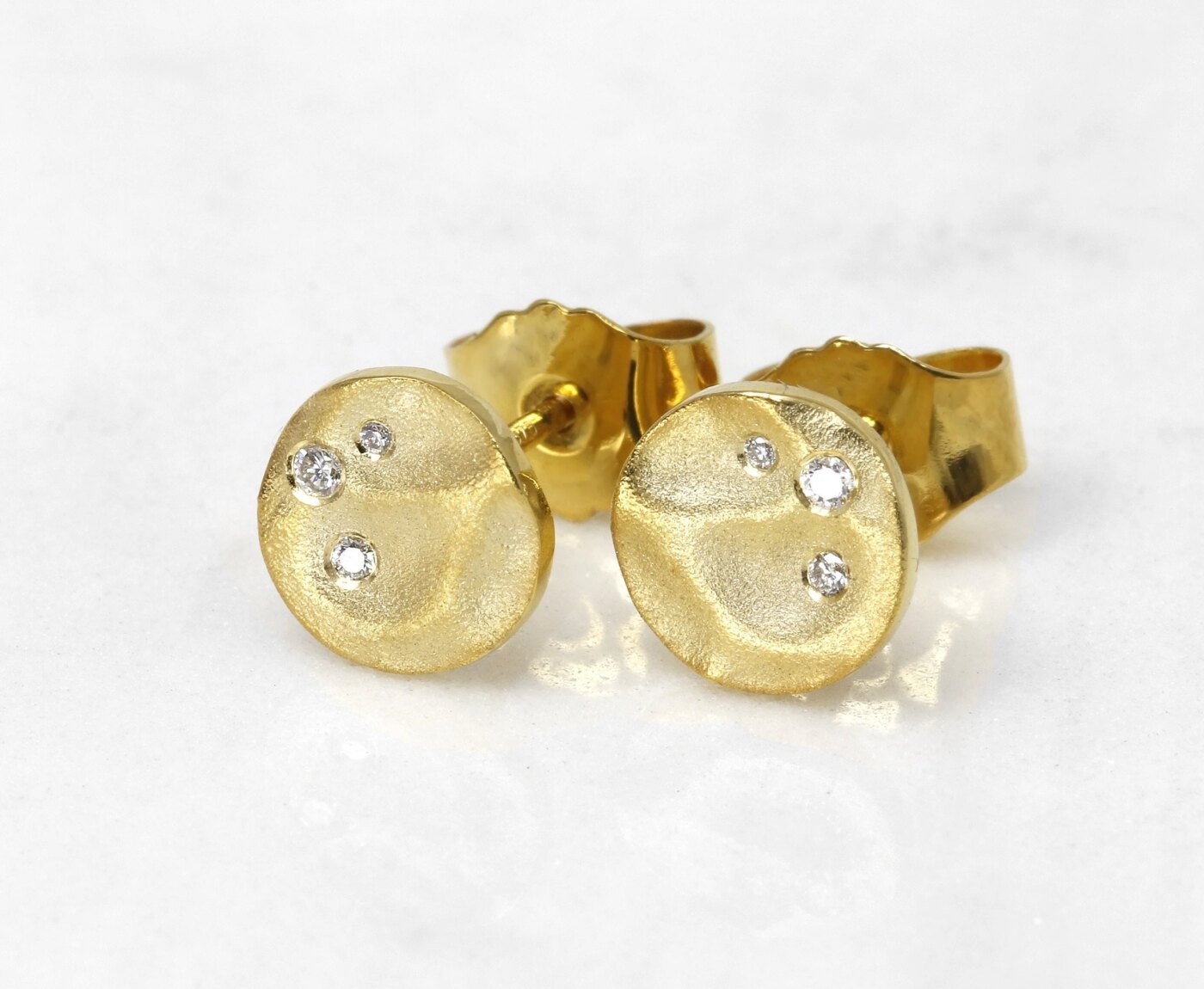 Molten Disc Stud Earrings with Diamonds in Yellow Gold